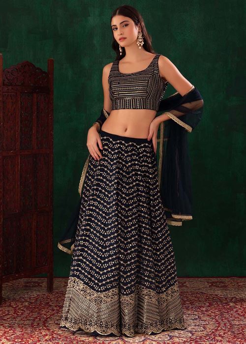 Charming Navy Blue Sequins Georgette Party Wear Lehenga Choli