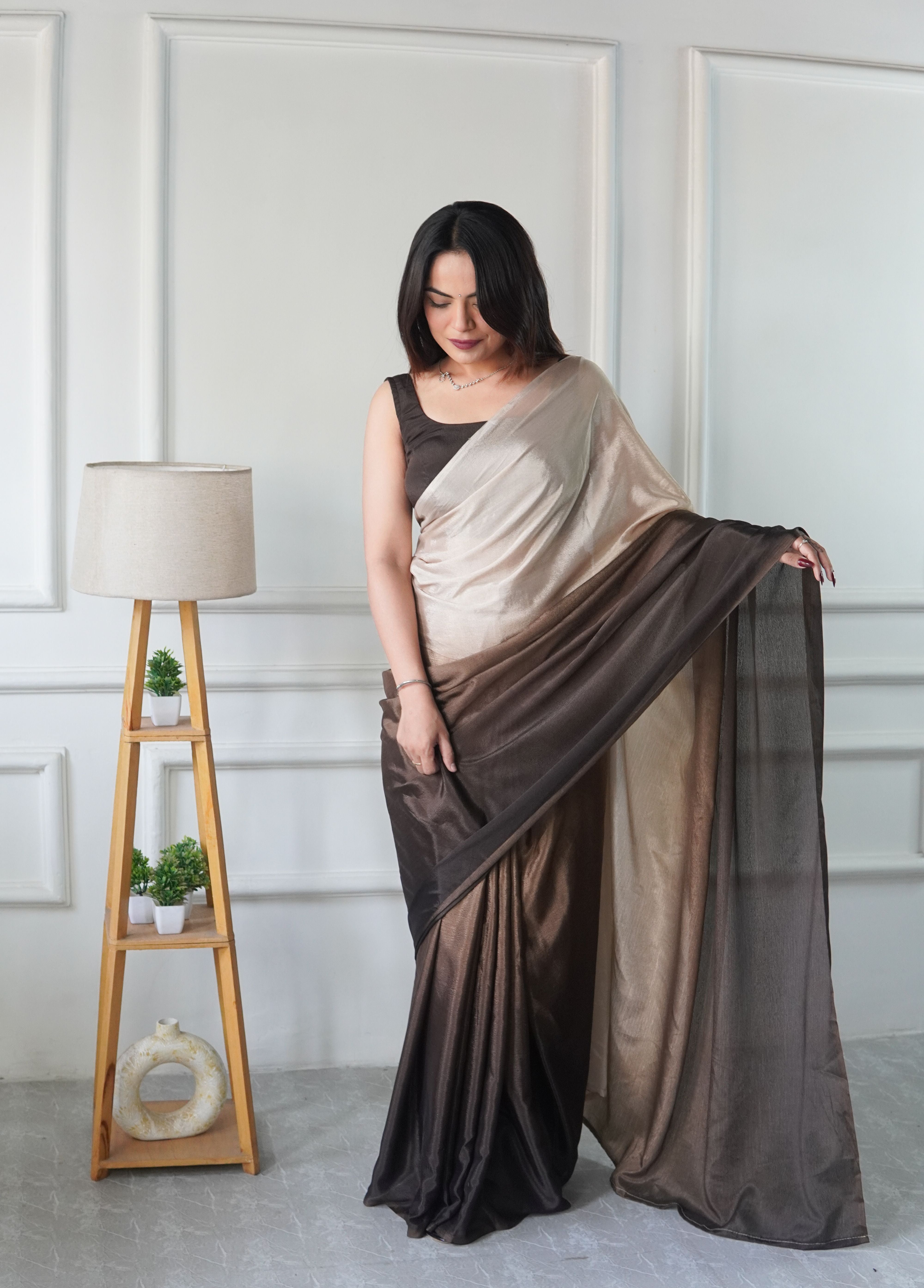 Chiku Chinon Pedding Solid Designer Ready To Wear Saree