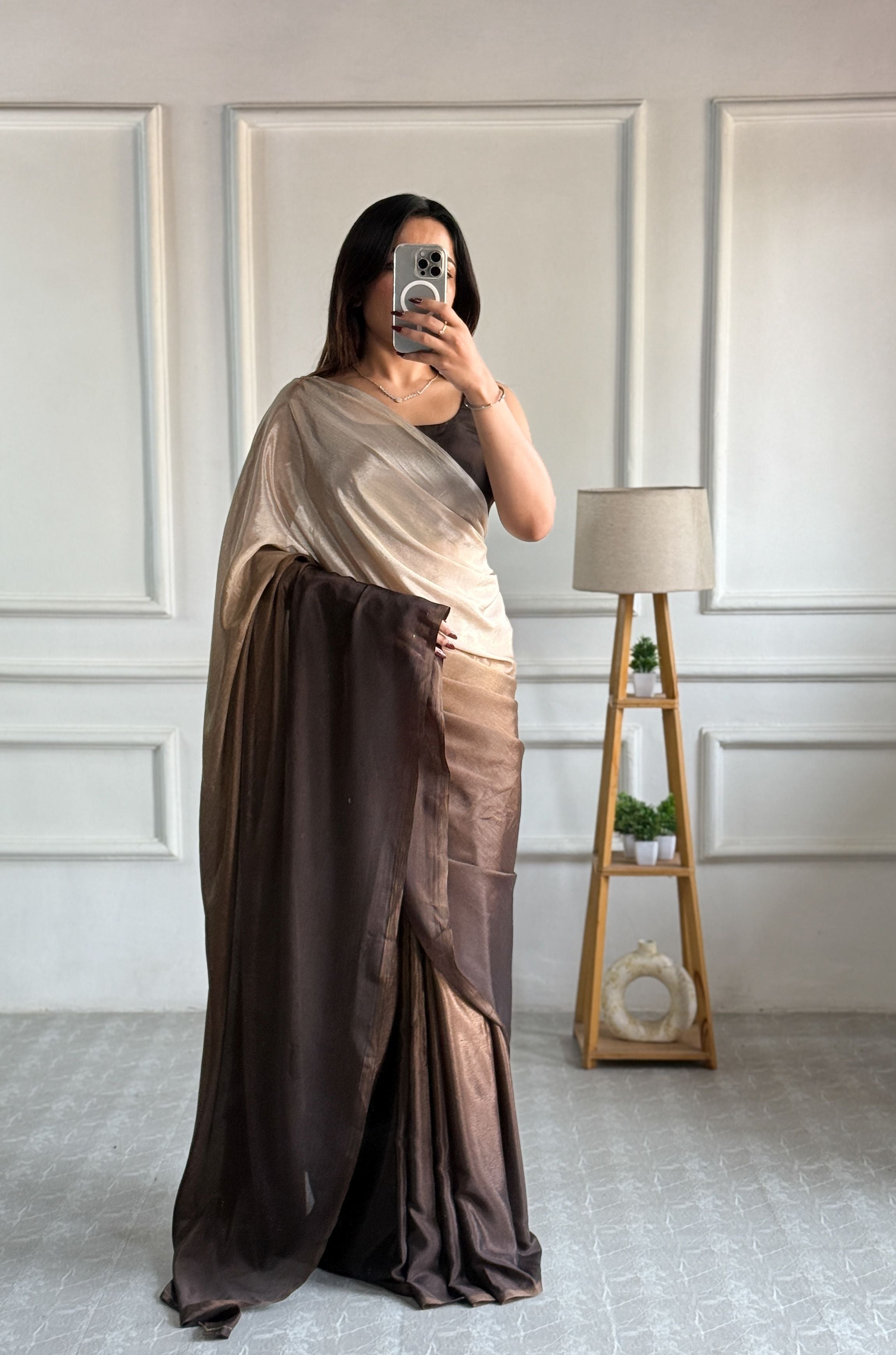 Chiku Chinon Pedding Solid Designer Ready To Wear Saree