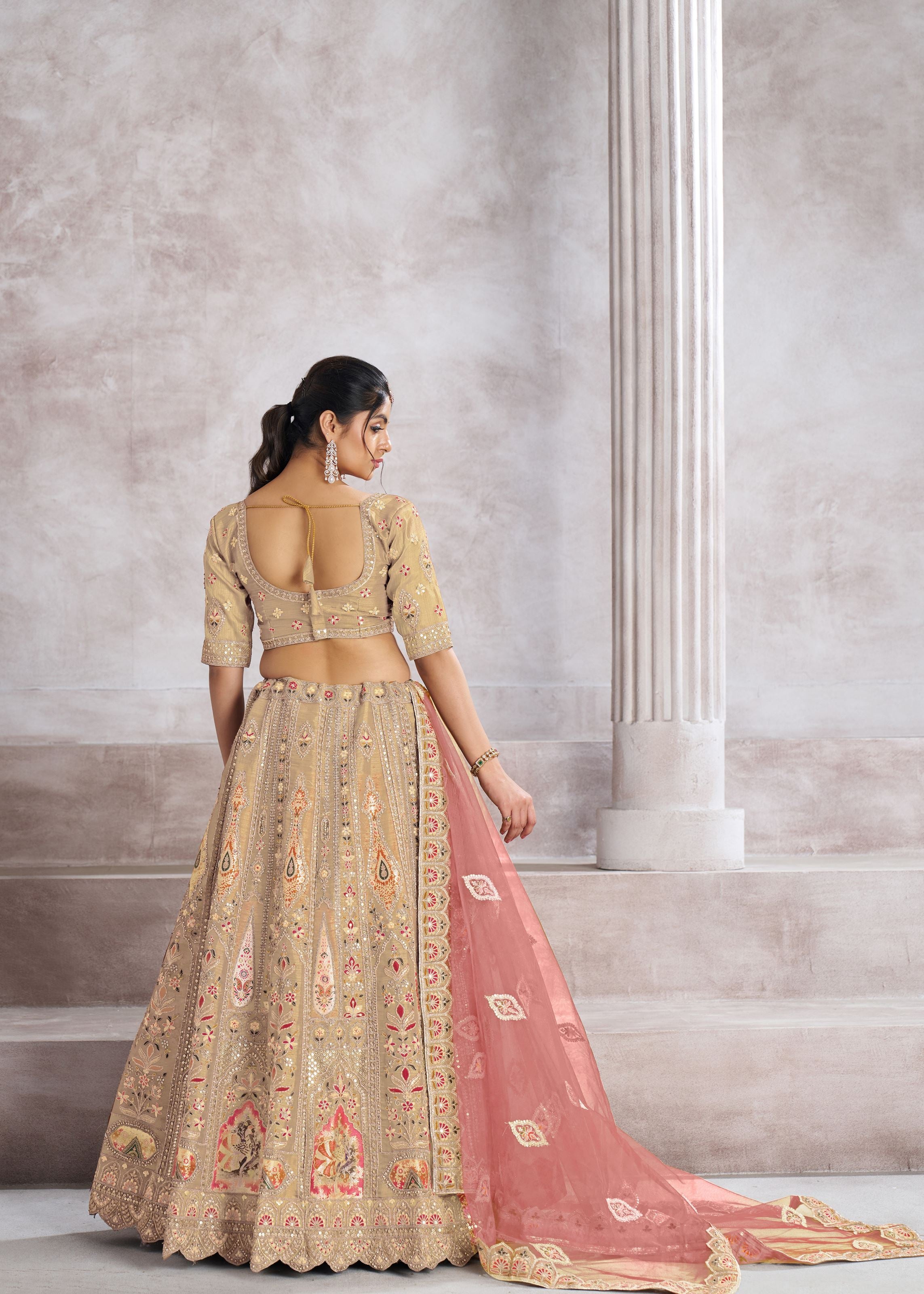 Chiku Color Aari Embroidered Banarasi Lehenga For Brides