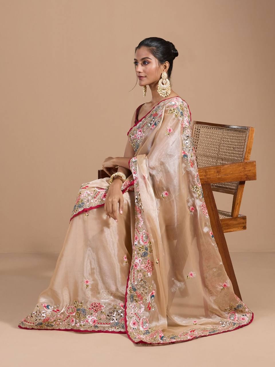 Chiku Colour Organza Silk Heavy Work Saree