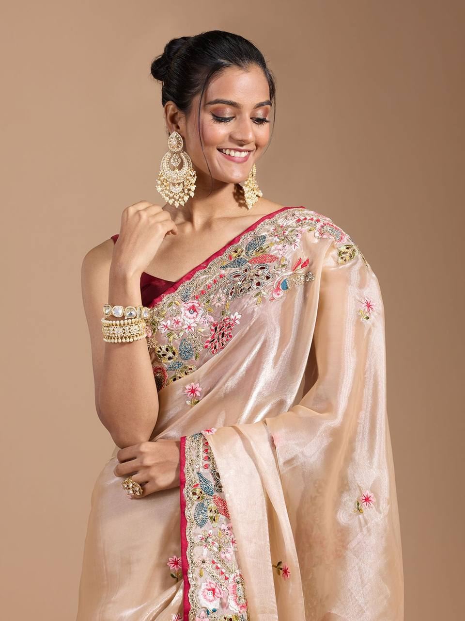 Chiku Colour Organza Silk Heavy Work Saree