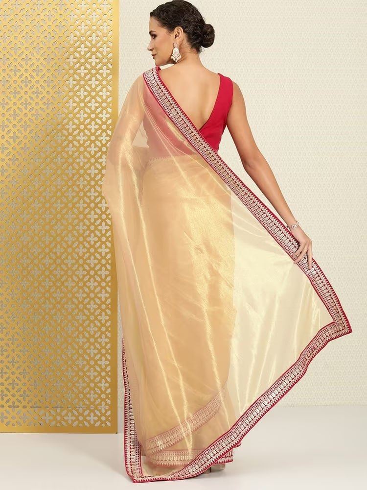 Chiku Colour Organza Silk Lace Work Saree