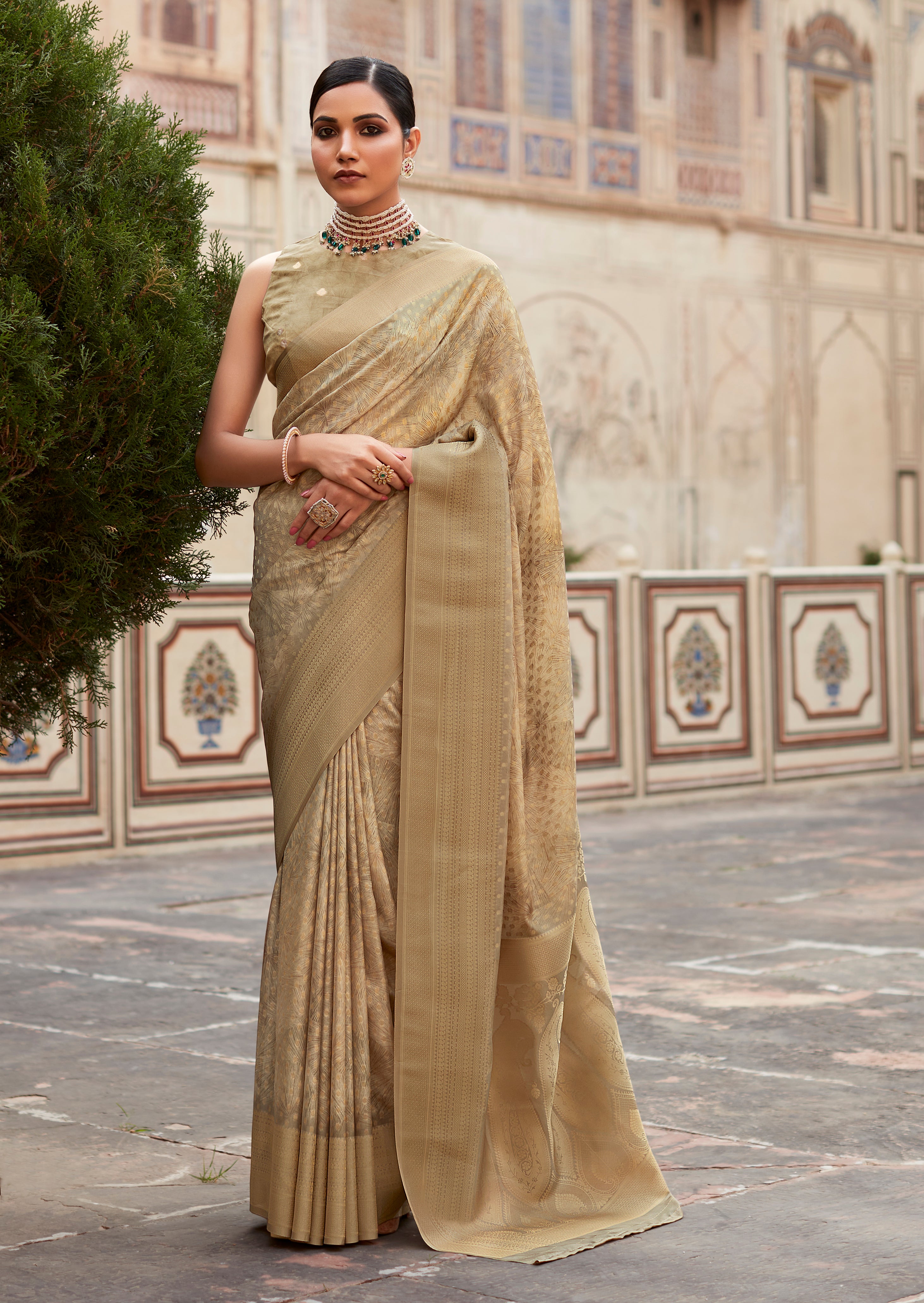 Chiku Crepe Silk Saree With Print and Woven Work