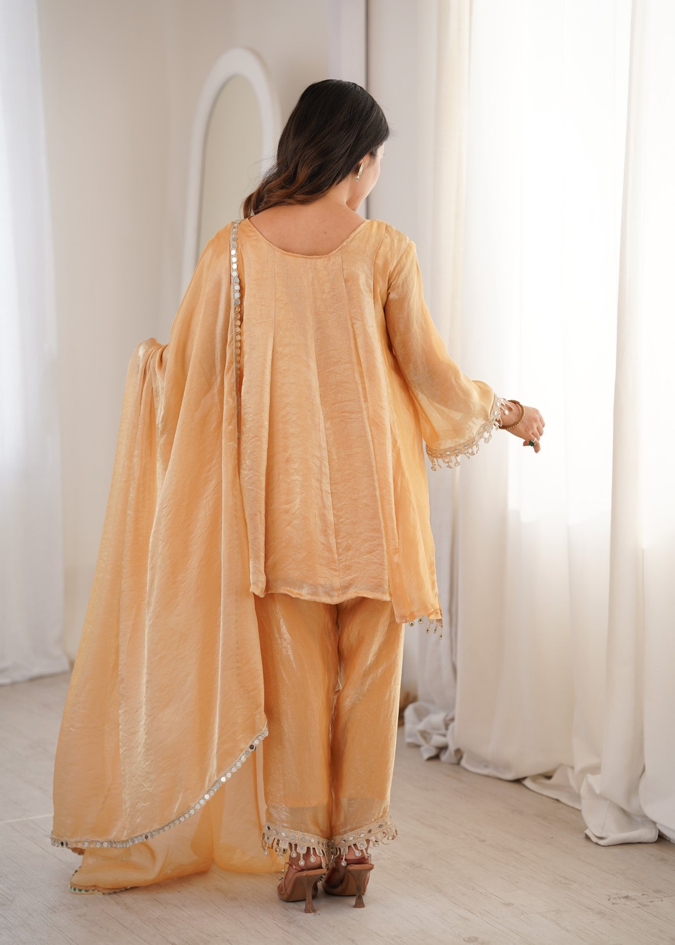 Chiku Fendy Designer Suit Set With Mirror Work & Embroidered Lace