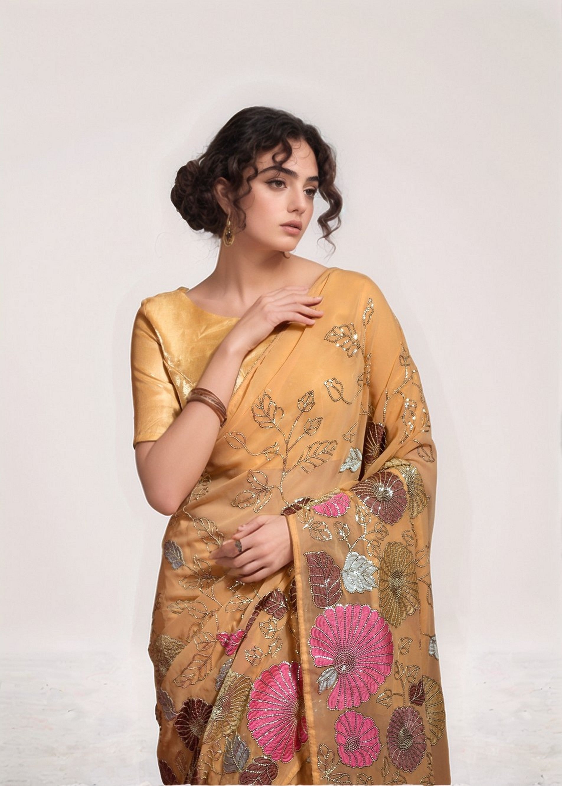 Chiku Georgette Bollywood Style Sequins Embroidery Work Saree