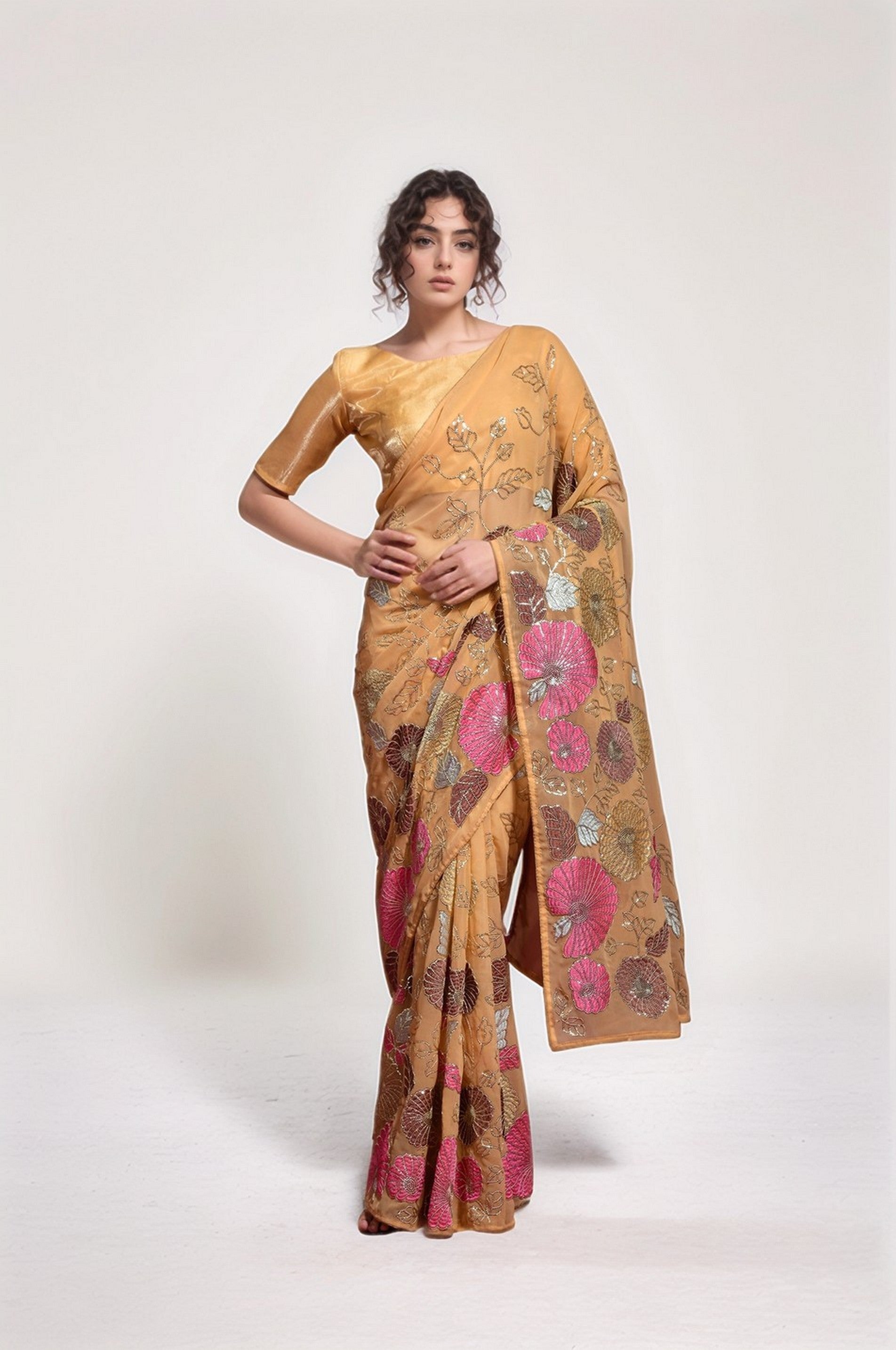 Chiku Georgette Bollywood Style Sequins Embroidery Work Saree