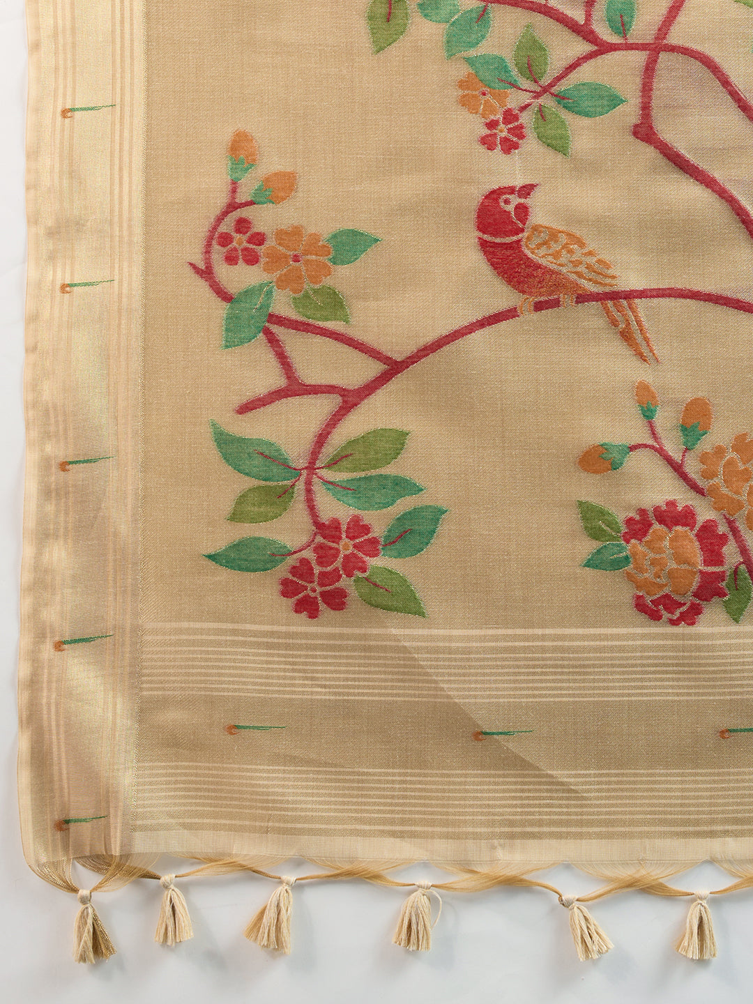 Chiku Muga Cotton Saree with Flower Butti and Paithani Pallu