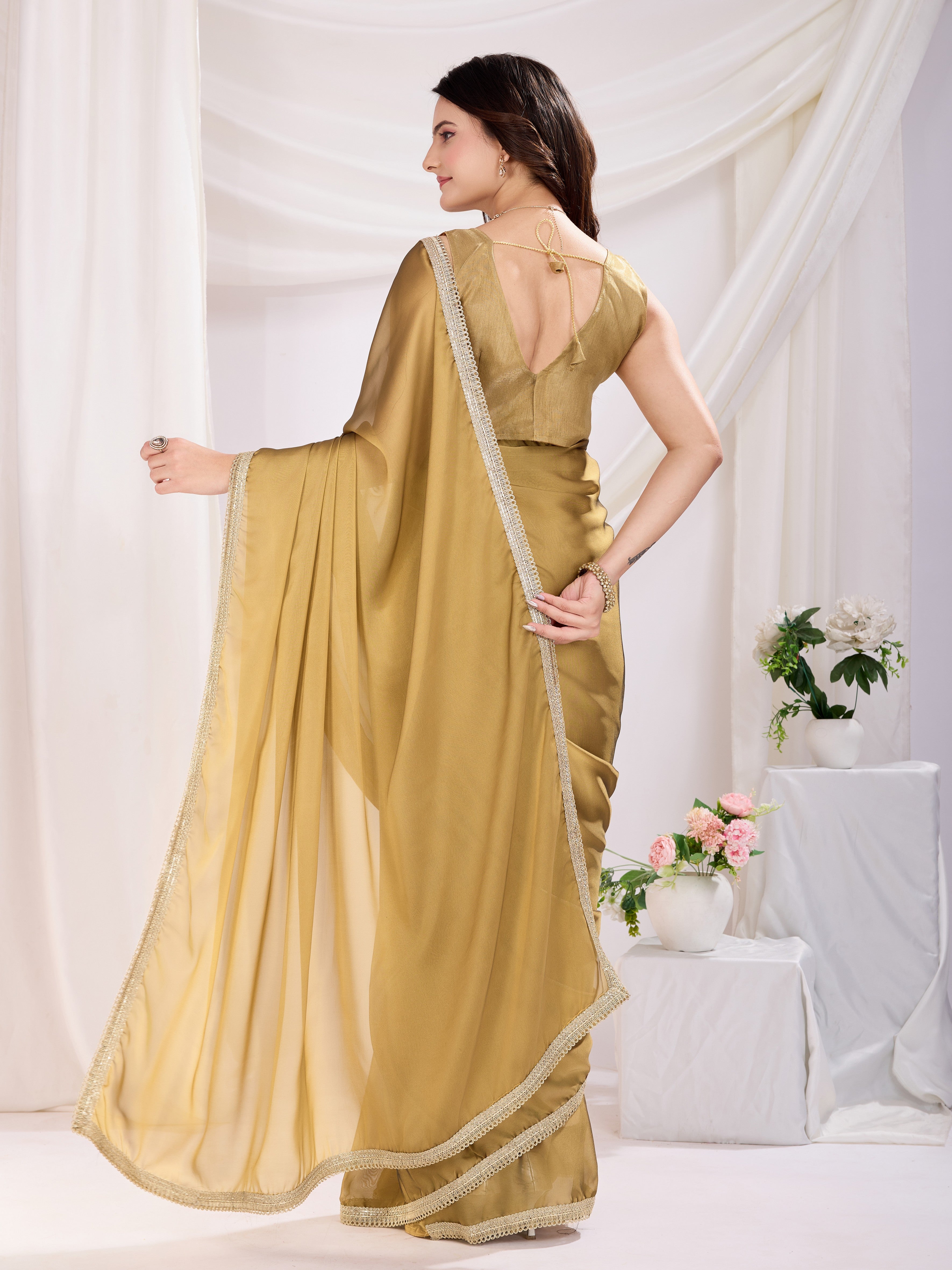 Chiku Rangoli Silk Pre Stitched Solid Printed Saree With Lace Border