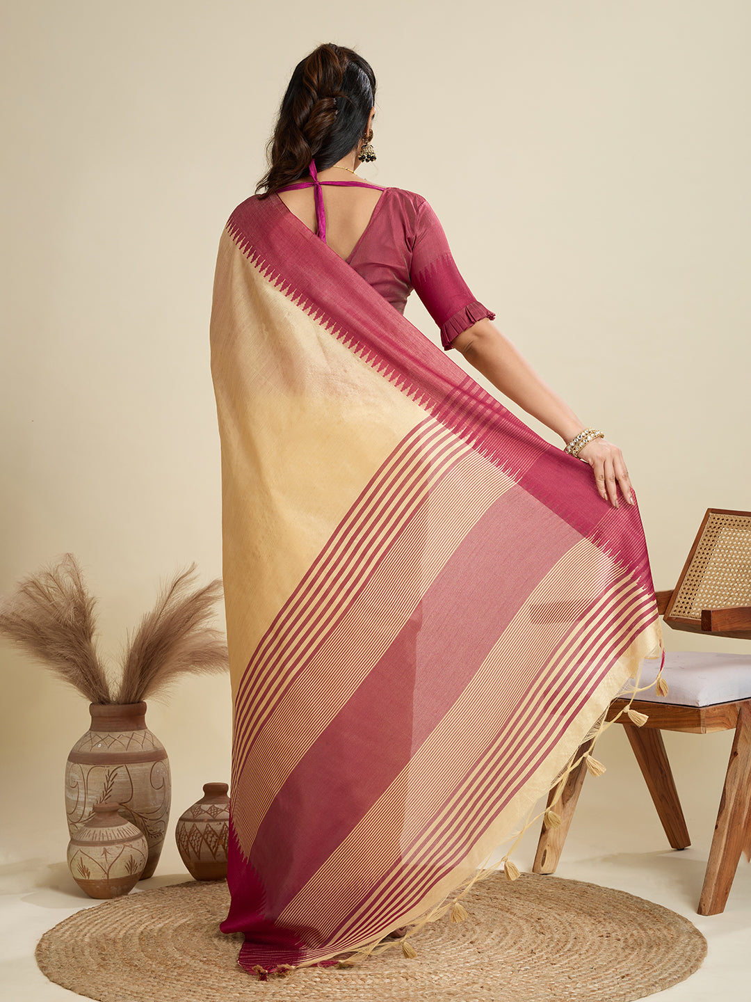 Chiku Raw Silk Saree with Temple Border and Striped Pallu