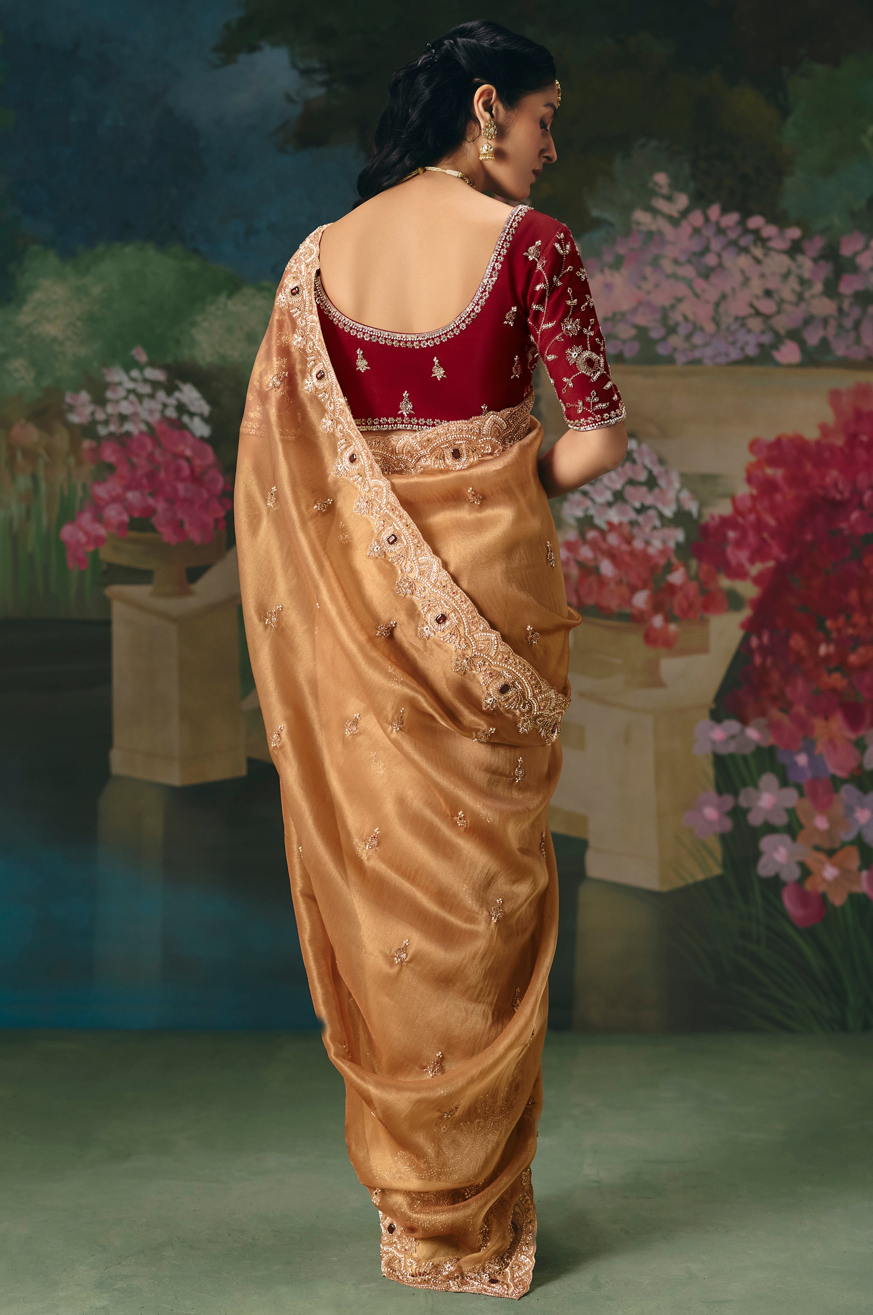 Chiku Saree With Heavy Designer Embroidery, Sequince, Stone, With Beads Work