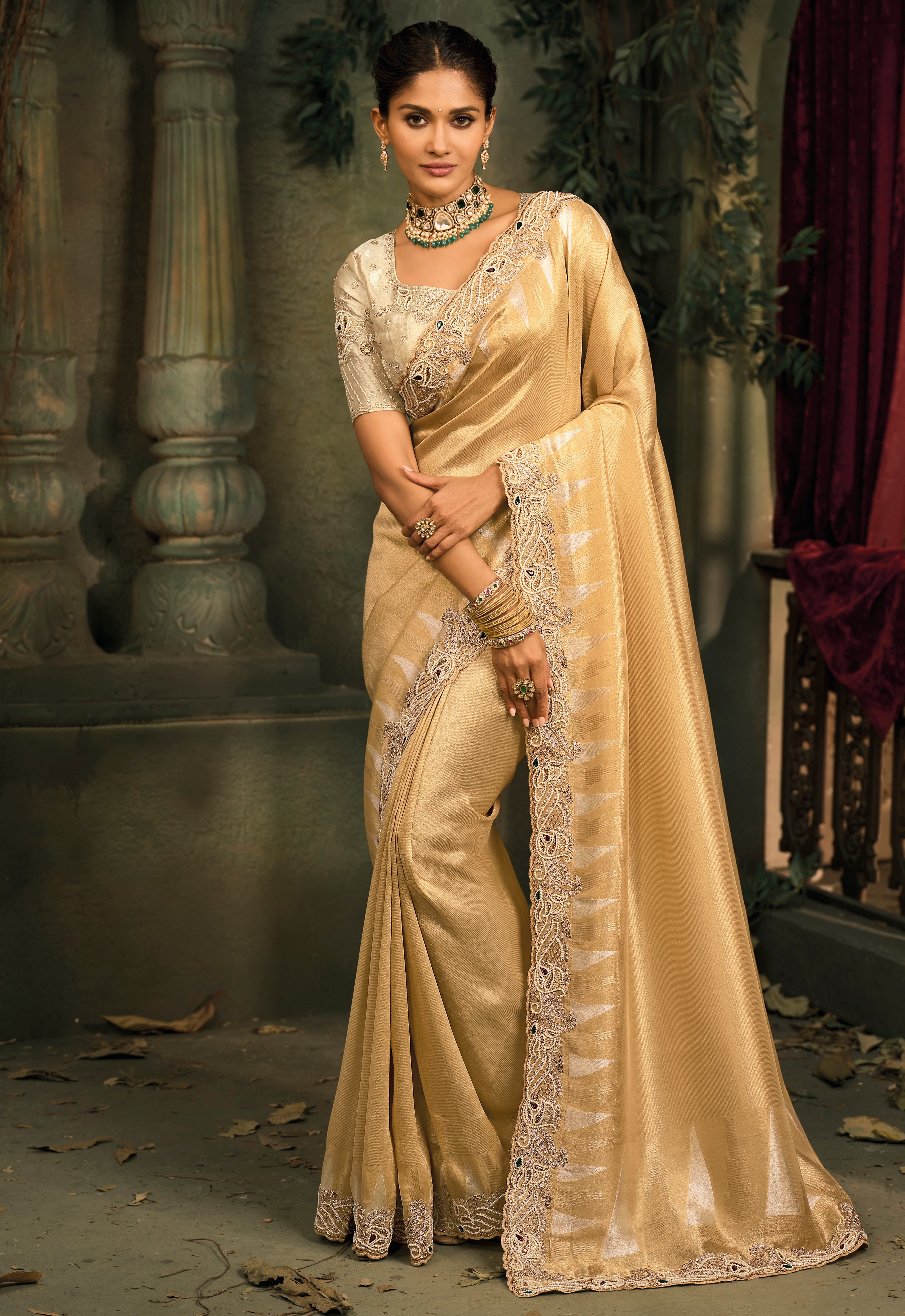 Chiku Saree With Jari, Cut-Dana, Moti With Mirror Heavy Work