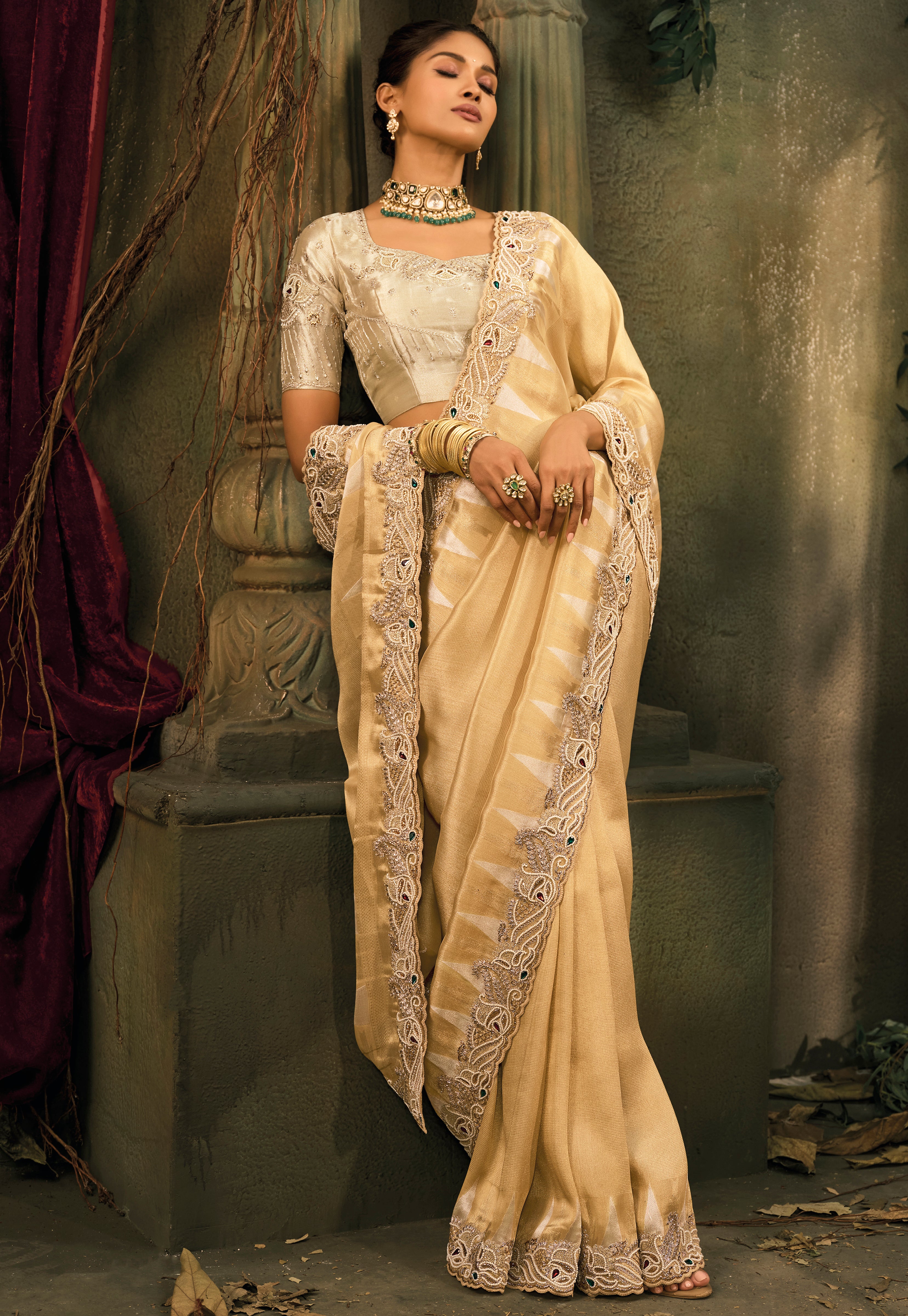 Chiku Saree With Jari, Cut-Dana, Moti With Mirror Heavy Work