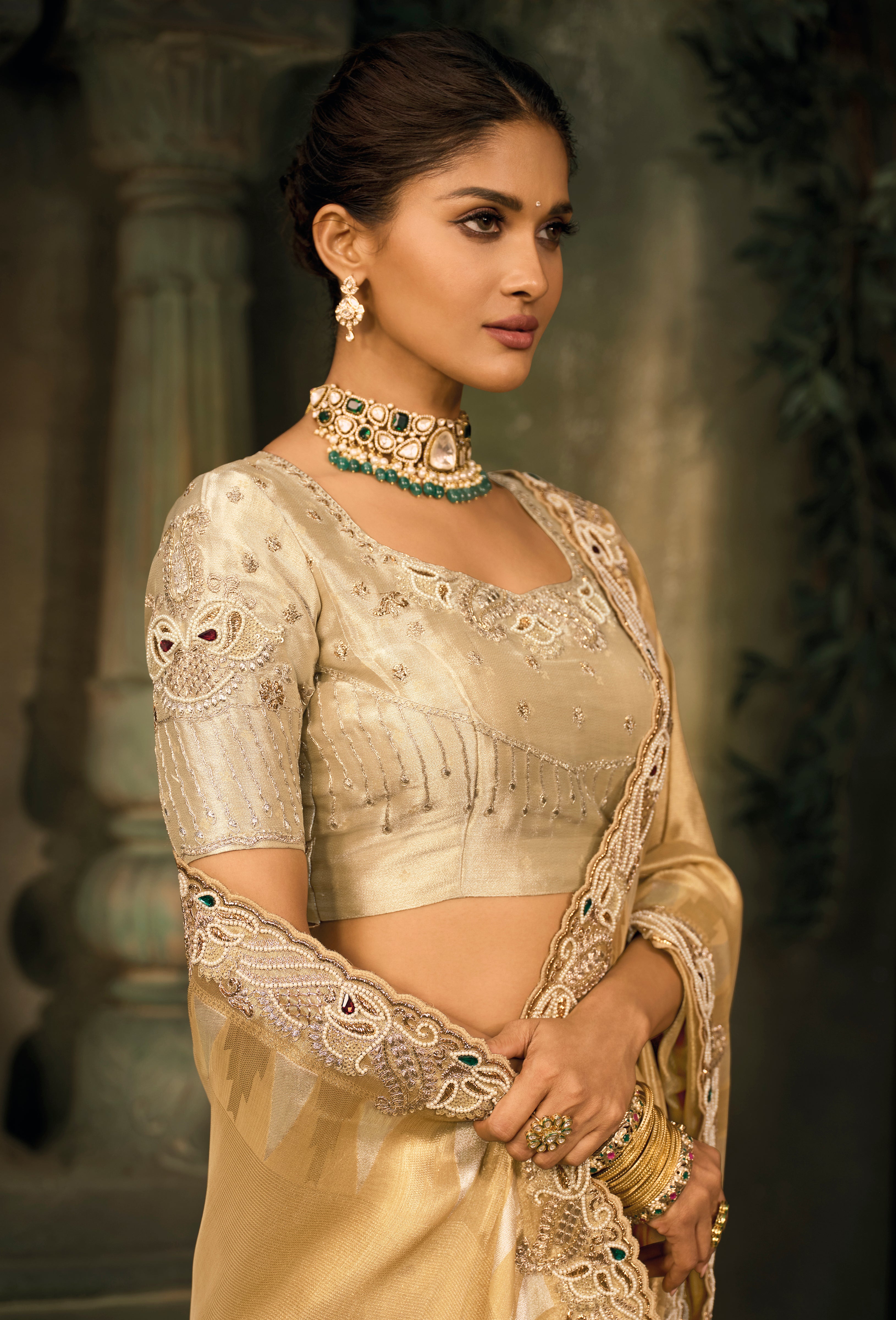 Chiku Saree With Jari, Cut-Dana, Moti With Mirror Heavy Work