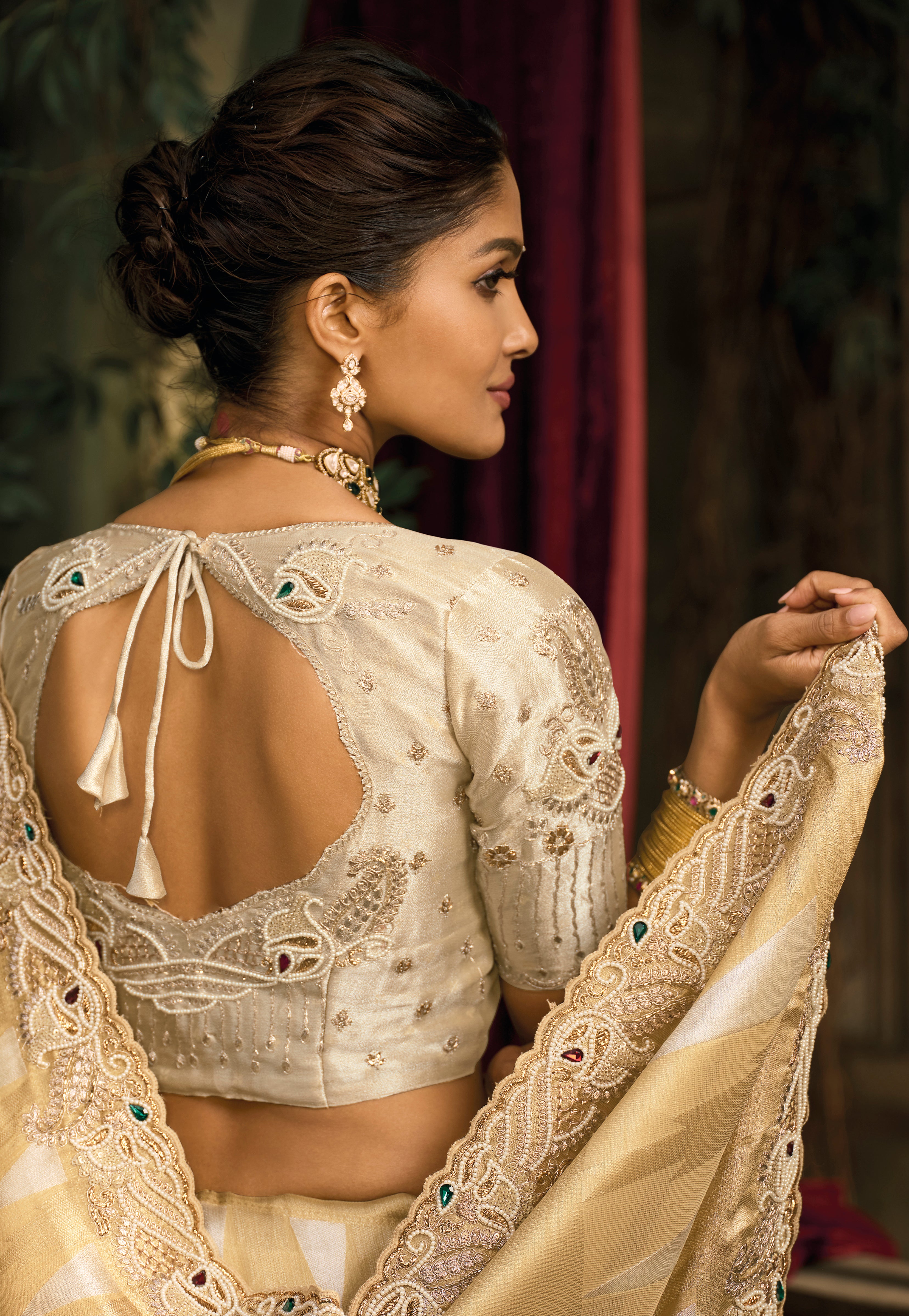 Chiku Saree With Jari, Cut-Dana, Moti With Mirror Heavy Work