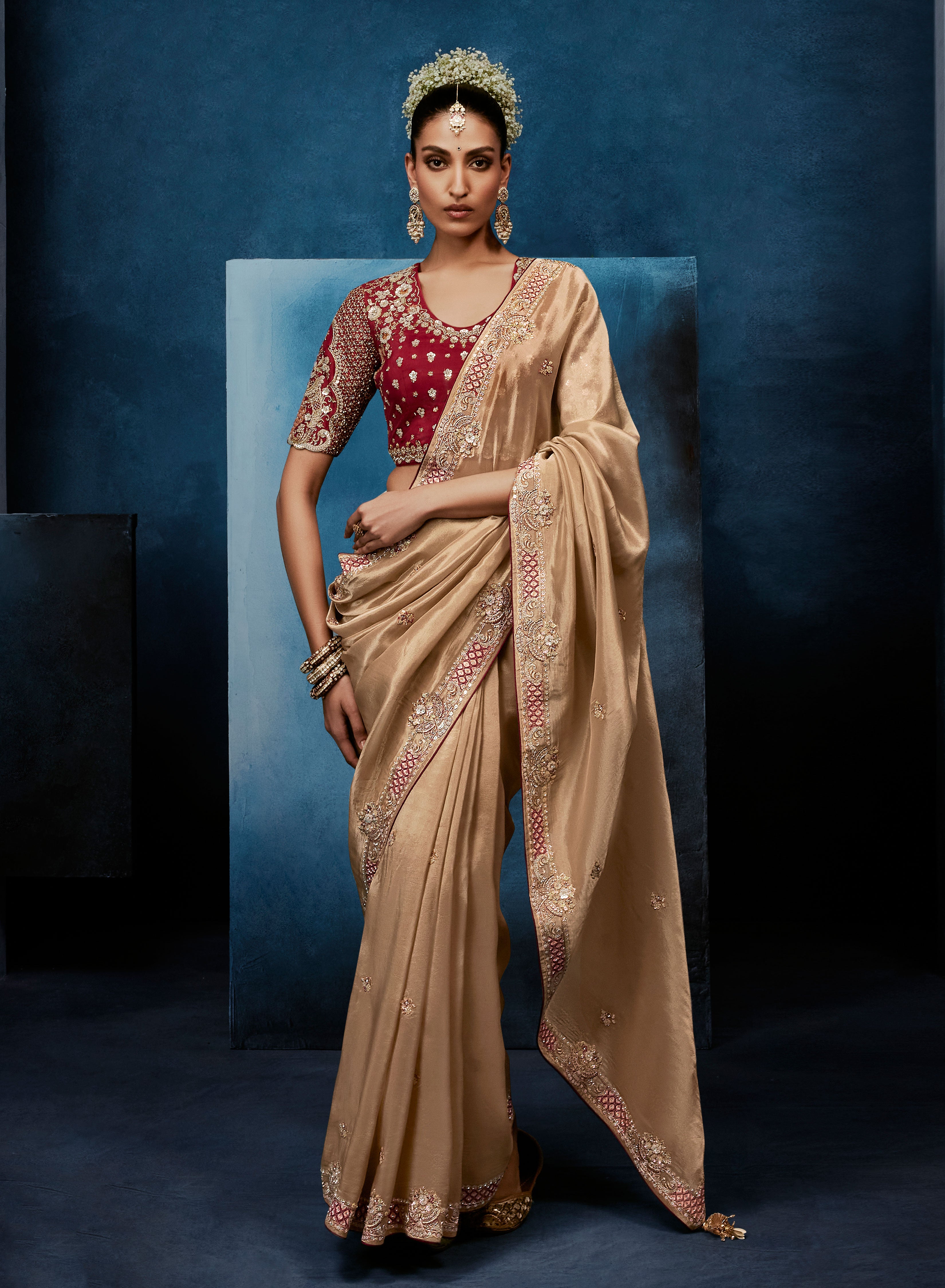 Chiku Saree With Readymade Blouse Embroidered Borders with Subtle Khatli,Hand Work,Premium Embroidery Highlights