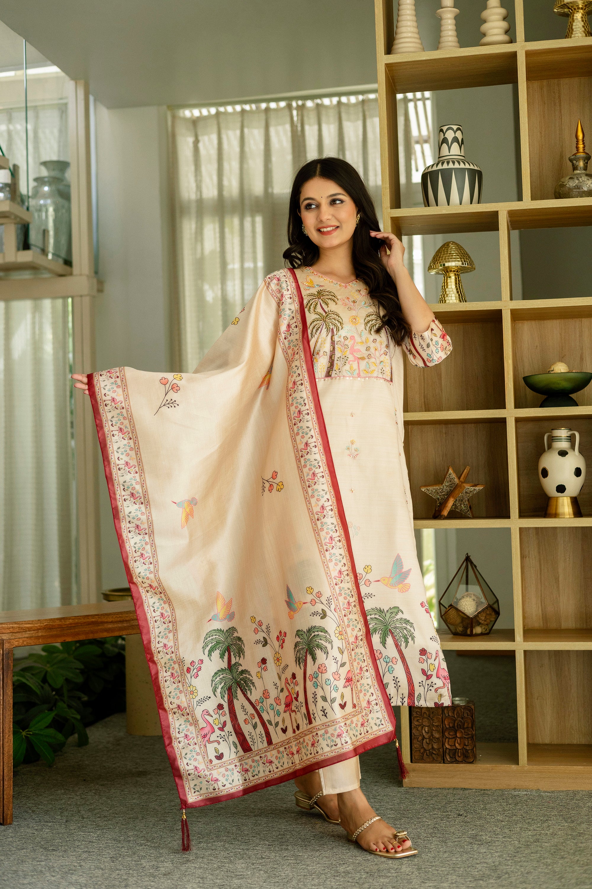 Chiku Viscose Assam Silk Elegant Kurta Pant Set With Embroidery Work