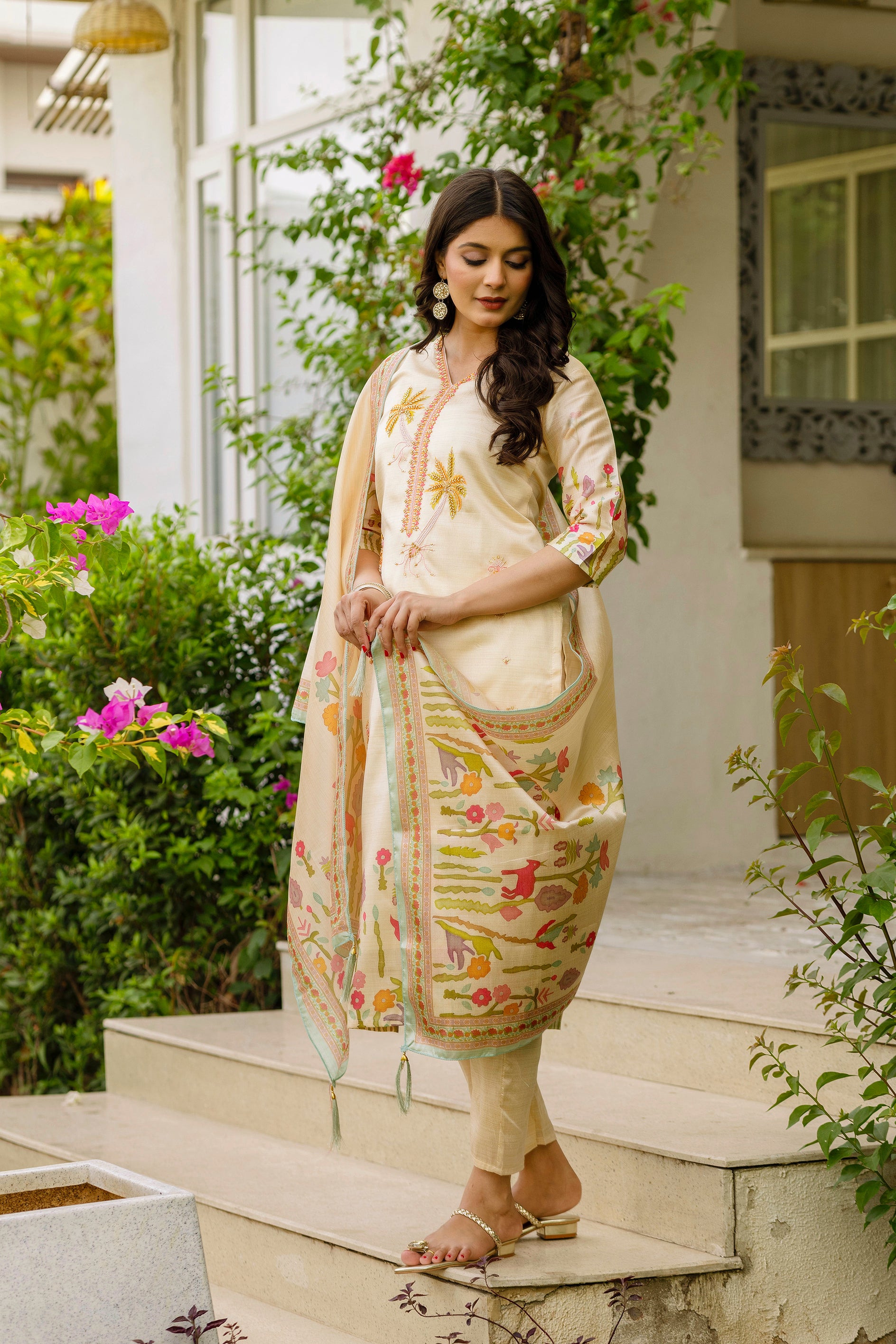Chiku Viscose Assam Silk Elegant Kurta Pant Set With Embroidery Work