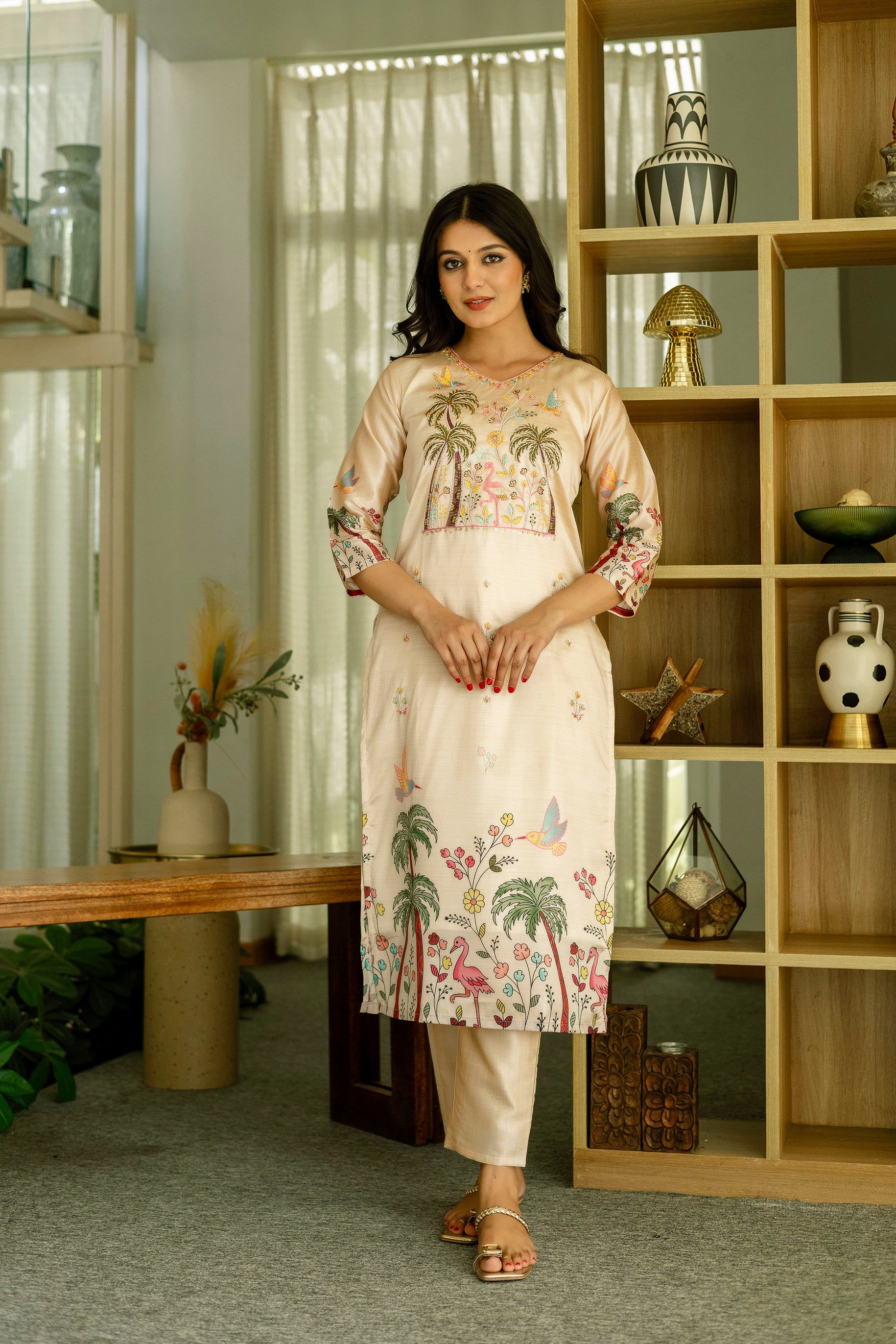 Chiku Viscose Assam Silk Elegant Kurta Pant Set With Embroidery Work