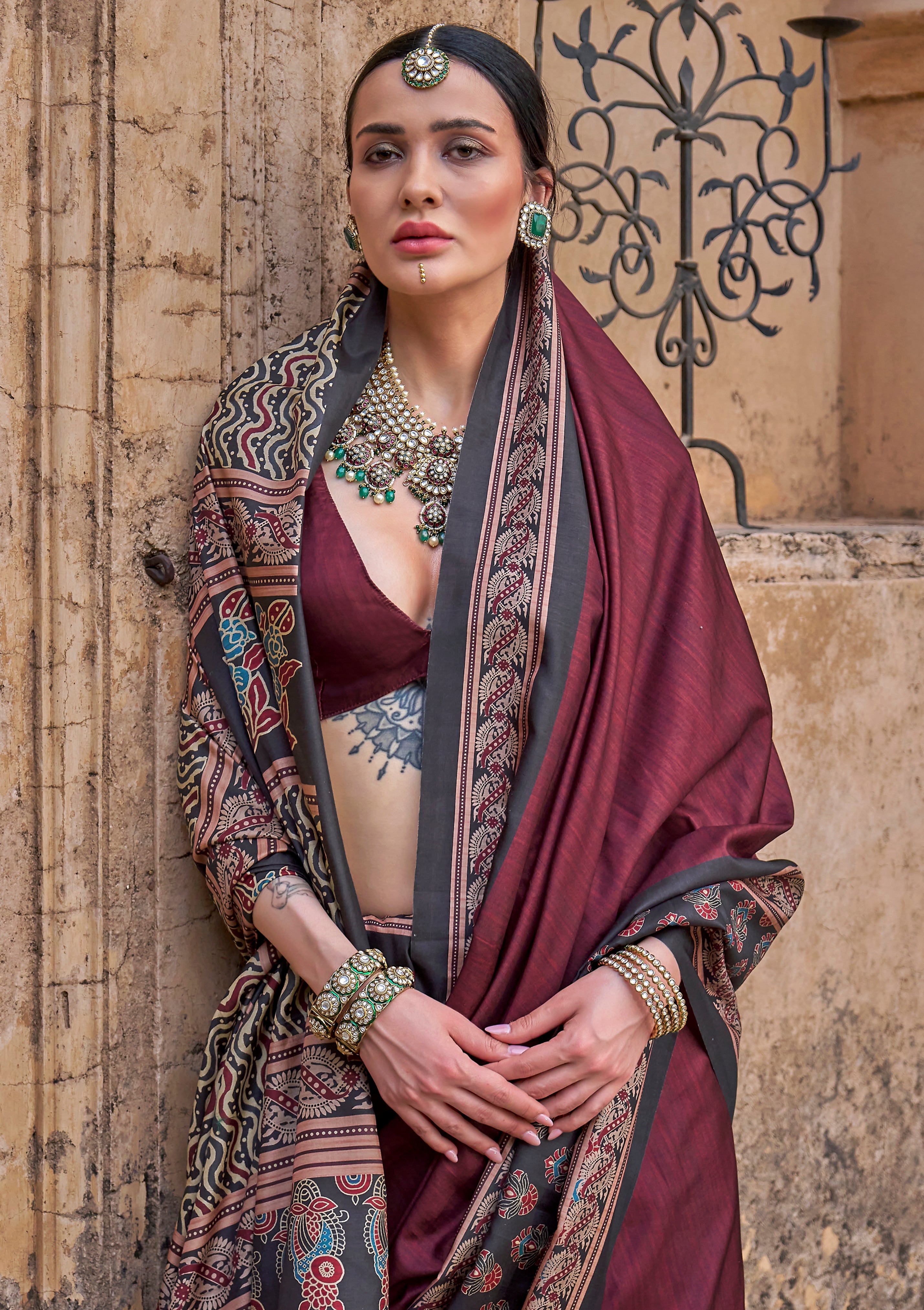 Chocolate PV Silk Saree with Ajrakh Print and Croma Finish