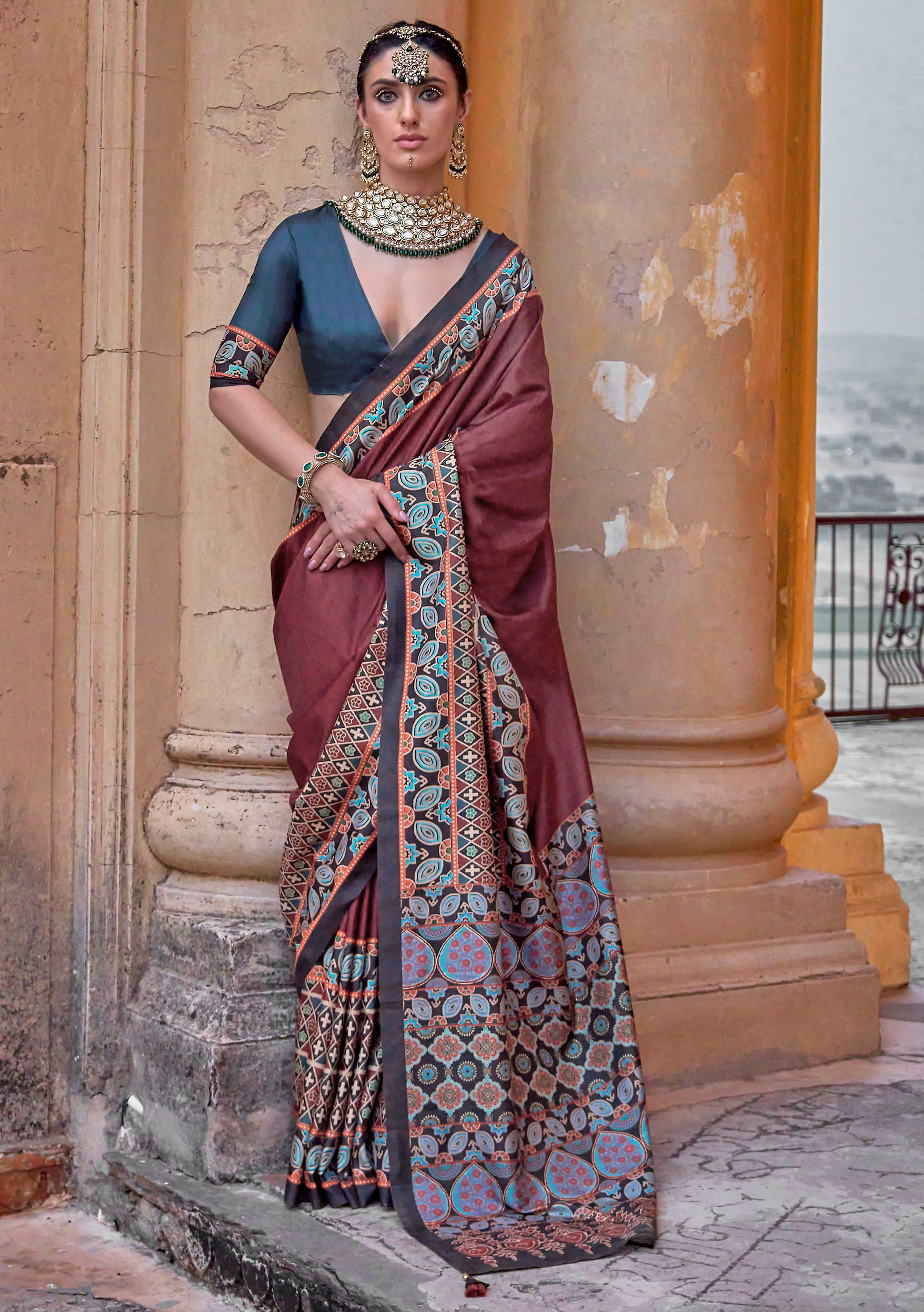 Chocolate PV Silk Saree with Ajrakh Print and Croma Finish