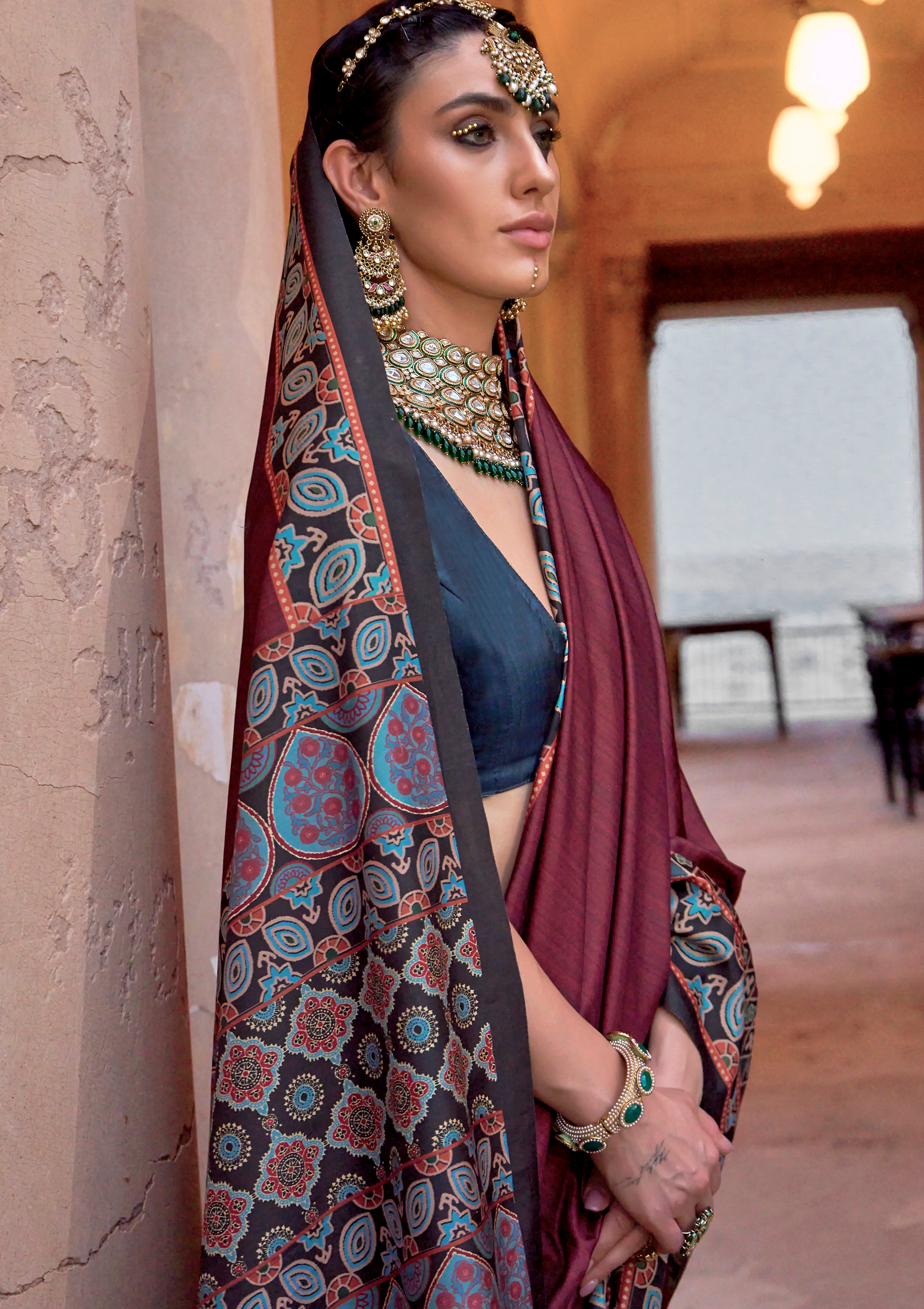 Chocolate PV Silk Saree with Ajrakh Print and Croma Finish