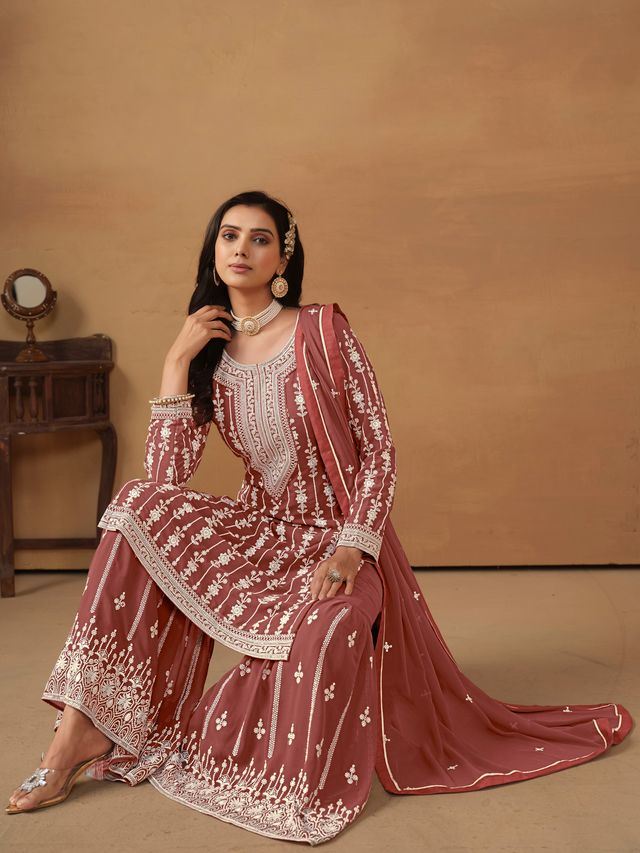 Chocolate Salwar Kameez With Thread Emboirdered Work