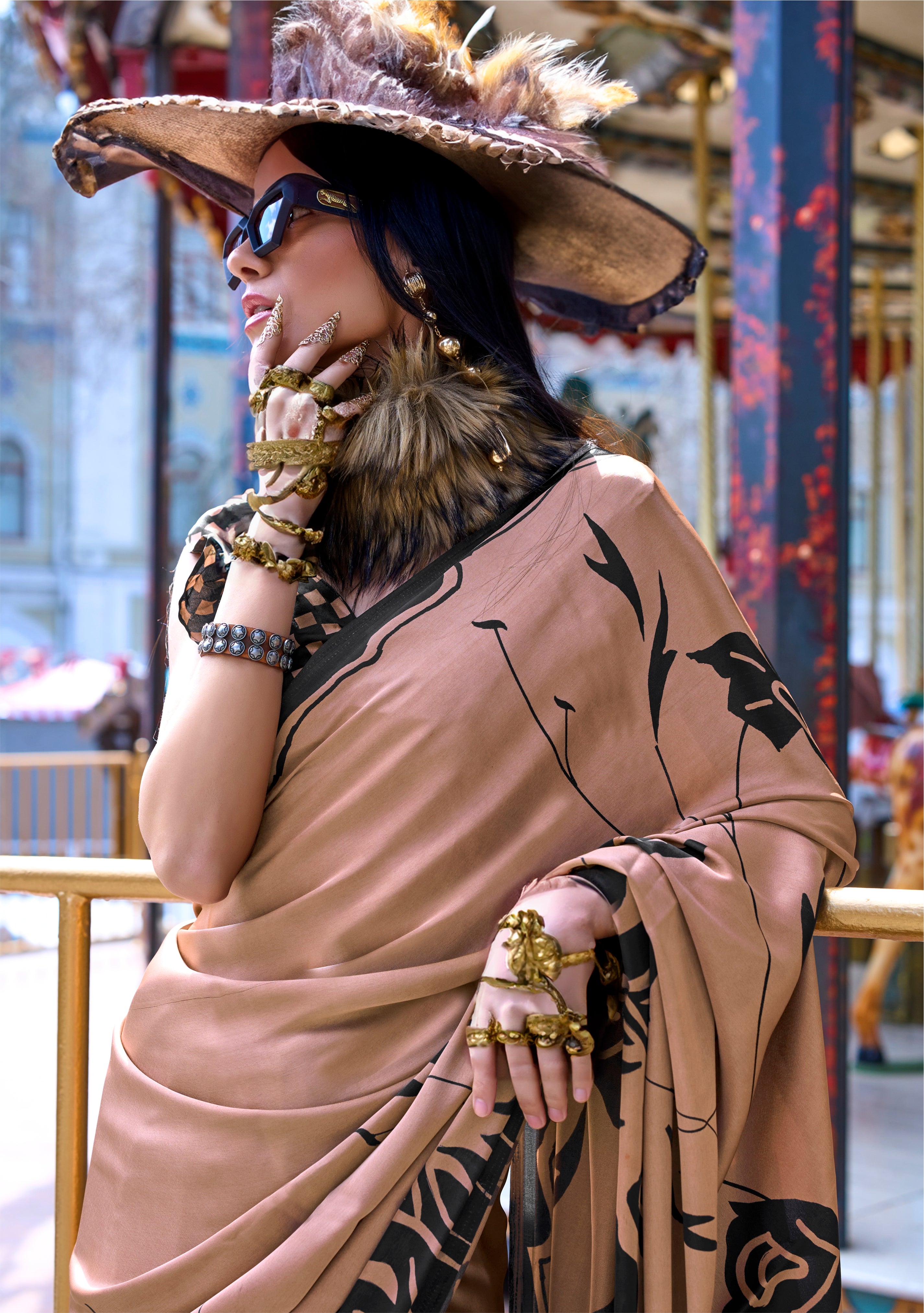 Chocolate Satin Saree With Digital Print