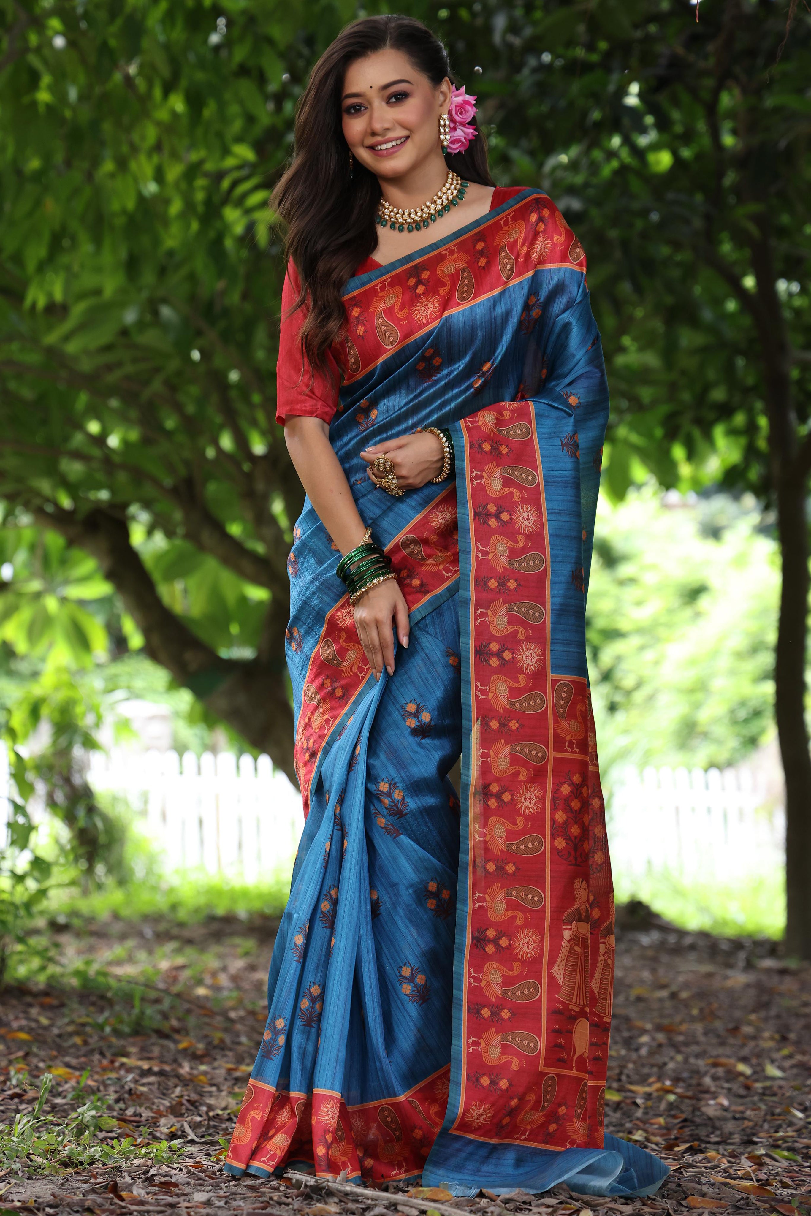 Classic Blue Tussar Silk Saree with Designer Printed Pattern