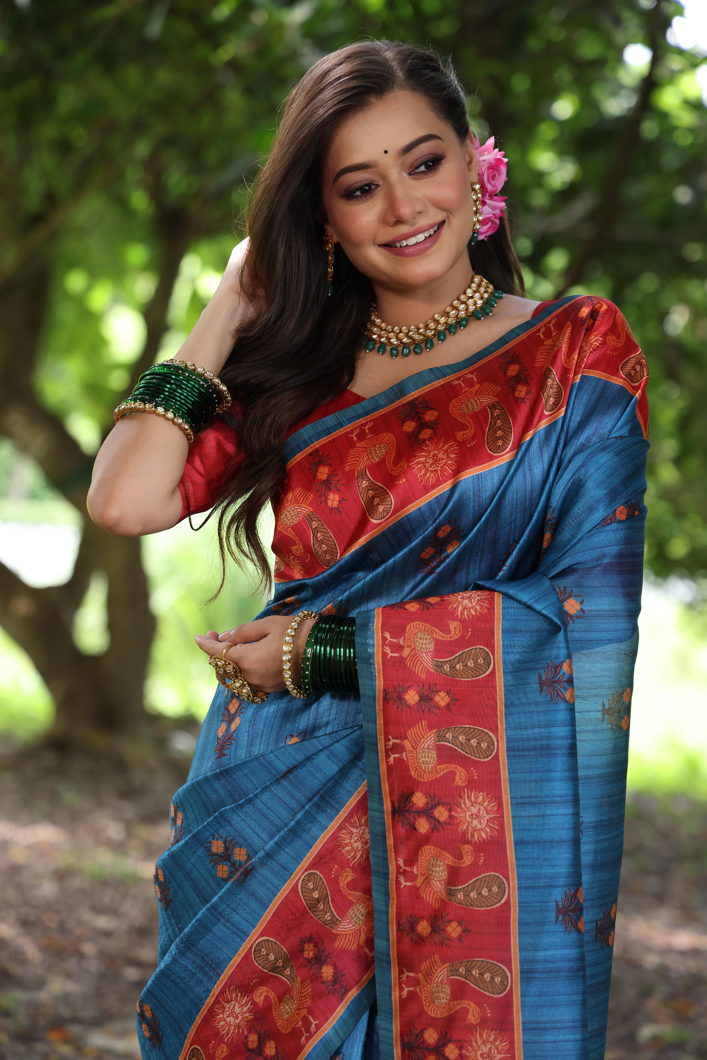 Classic Blue Tussar Silk Saree with Designer Printed Pattern