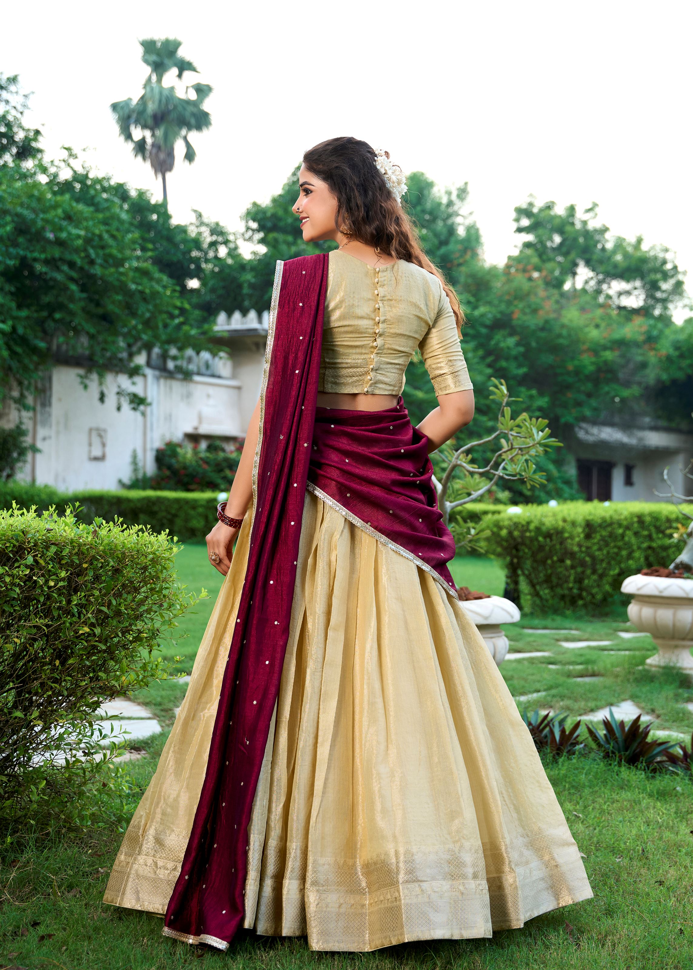 Classic Cream Elegance With A Touch Of Tradition Kanchipuram Lehenga