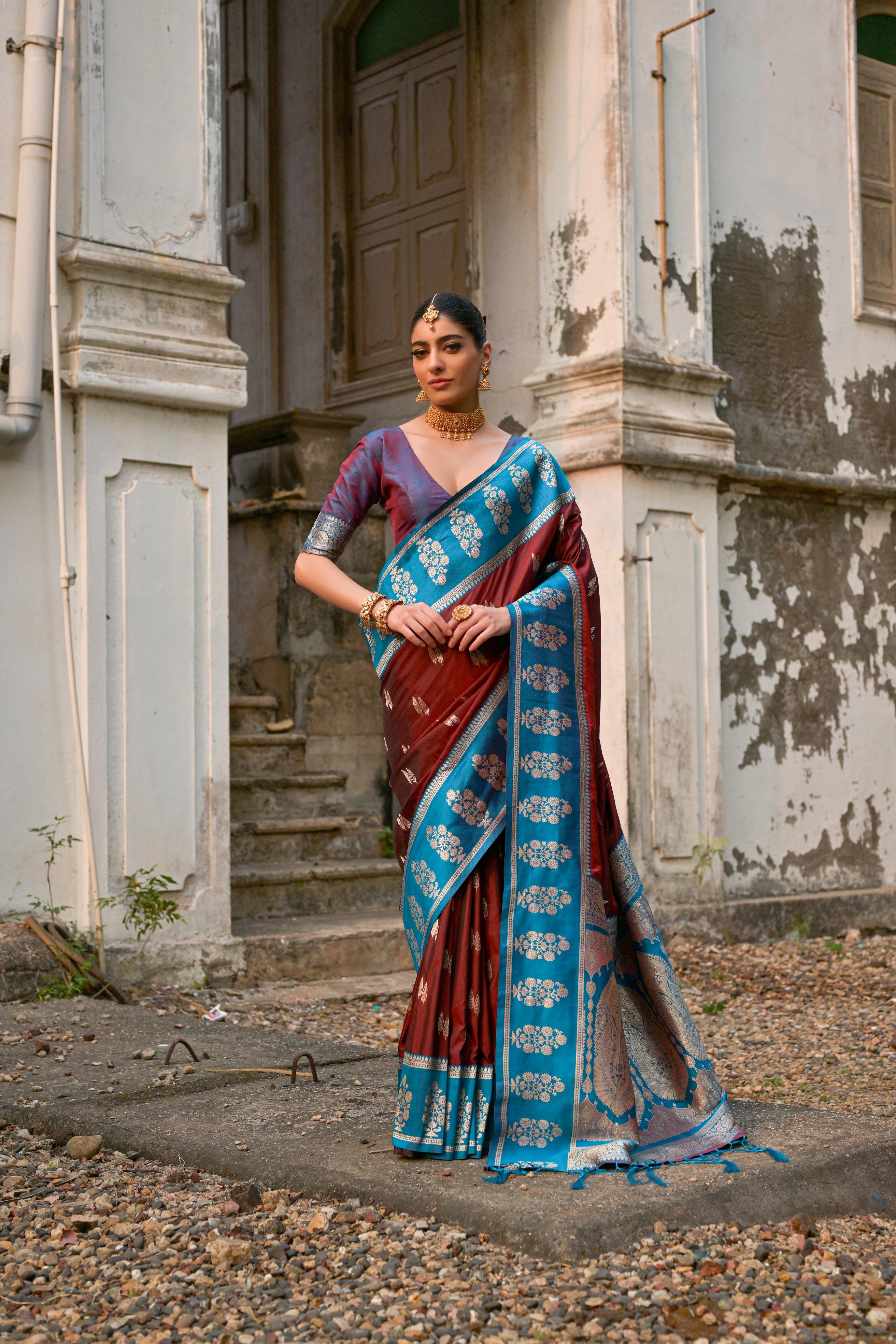 Coffee Banarasi Silk Woven Jari Designer Heavy Rich Looks Ceremonial Saree