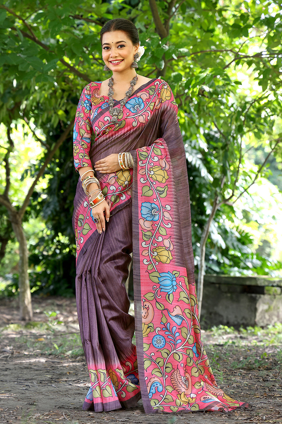 Coffee Cotton Silk Saree with Solid Design and Printed Pallu