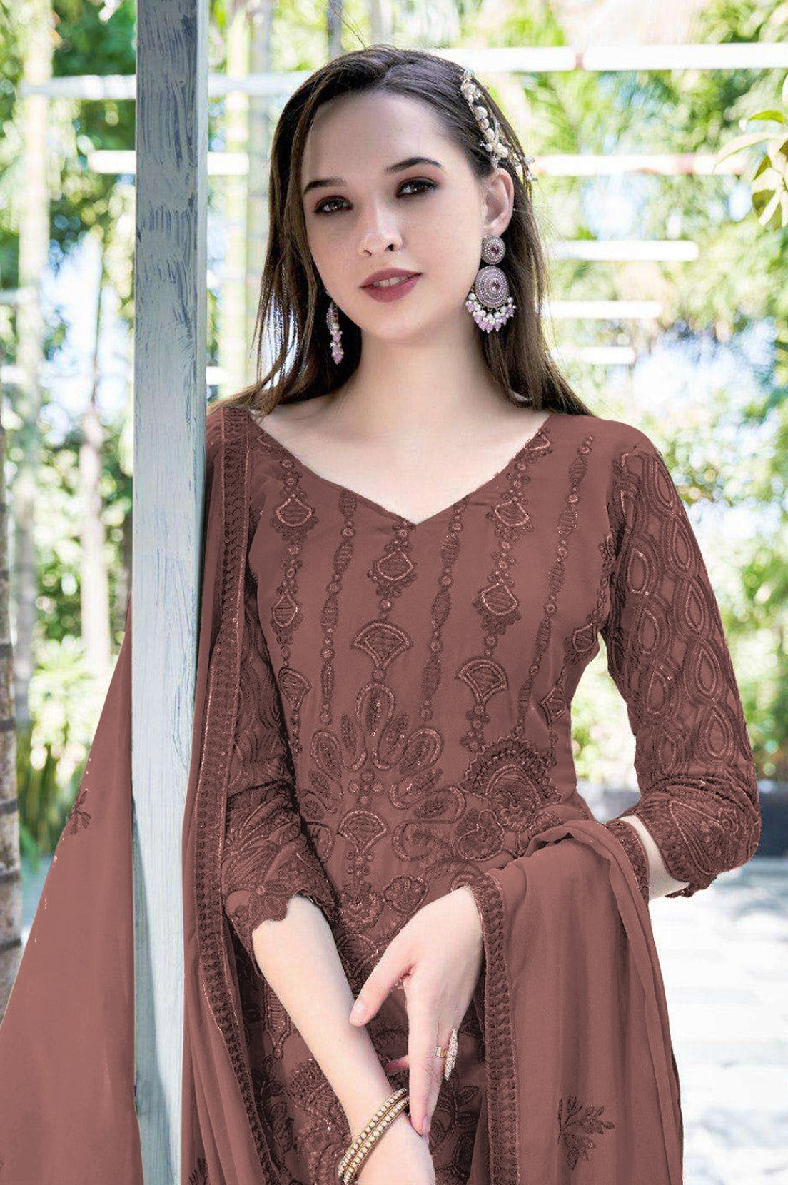 Coffee Heavy Designer Suit With Heavy Embroidery Work