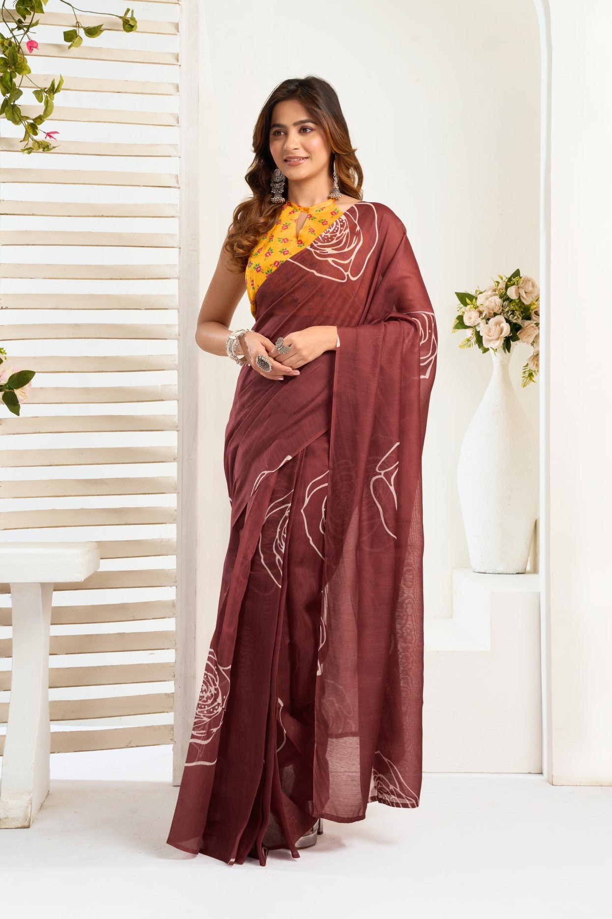 Coffee Linen Ready To Wear Saree With Zari Border Printed