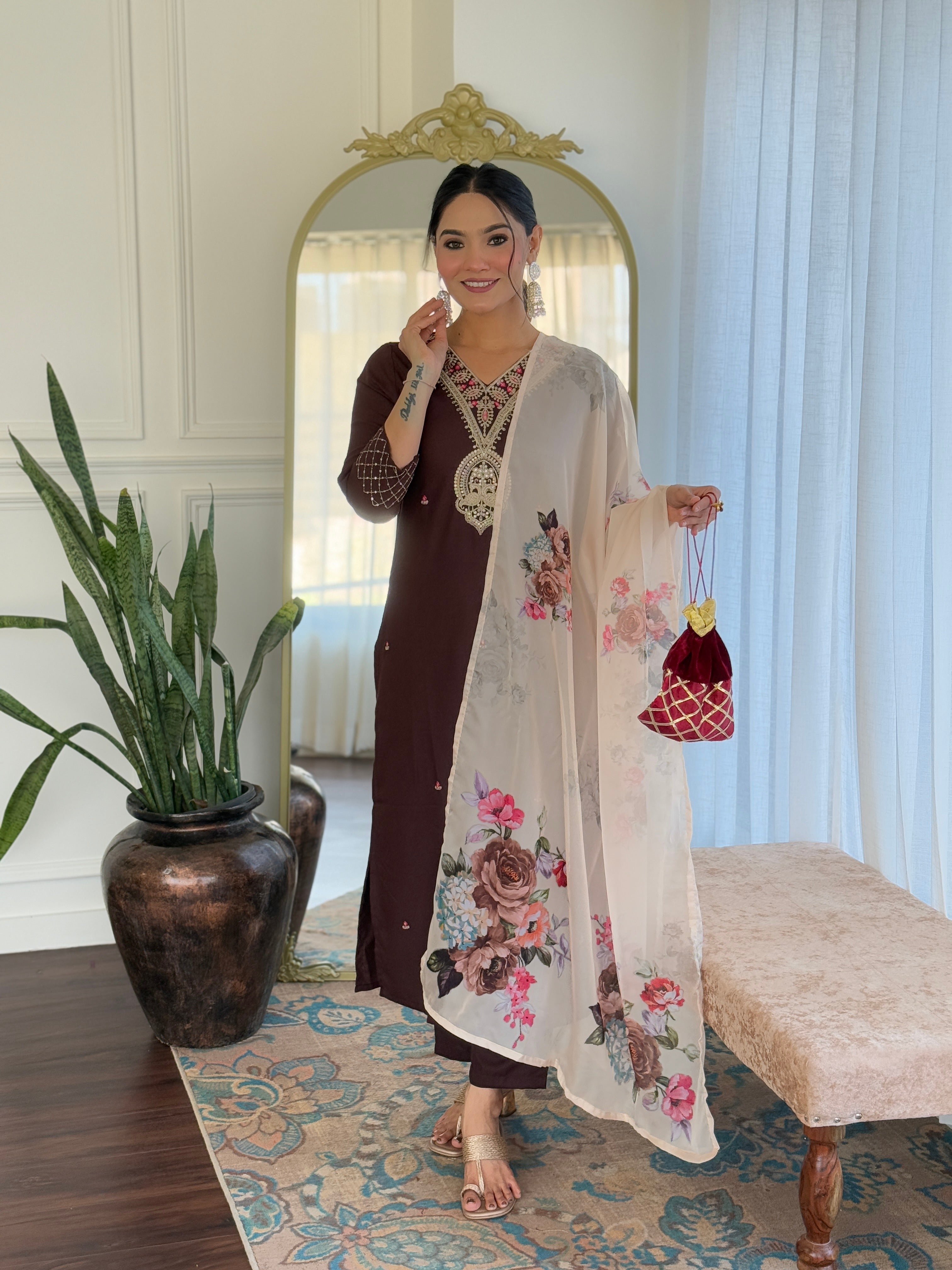 Coffee Rayon Slub Elegant Kurta Pant Set With Embroidery Work