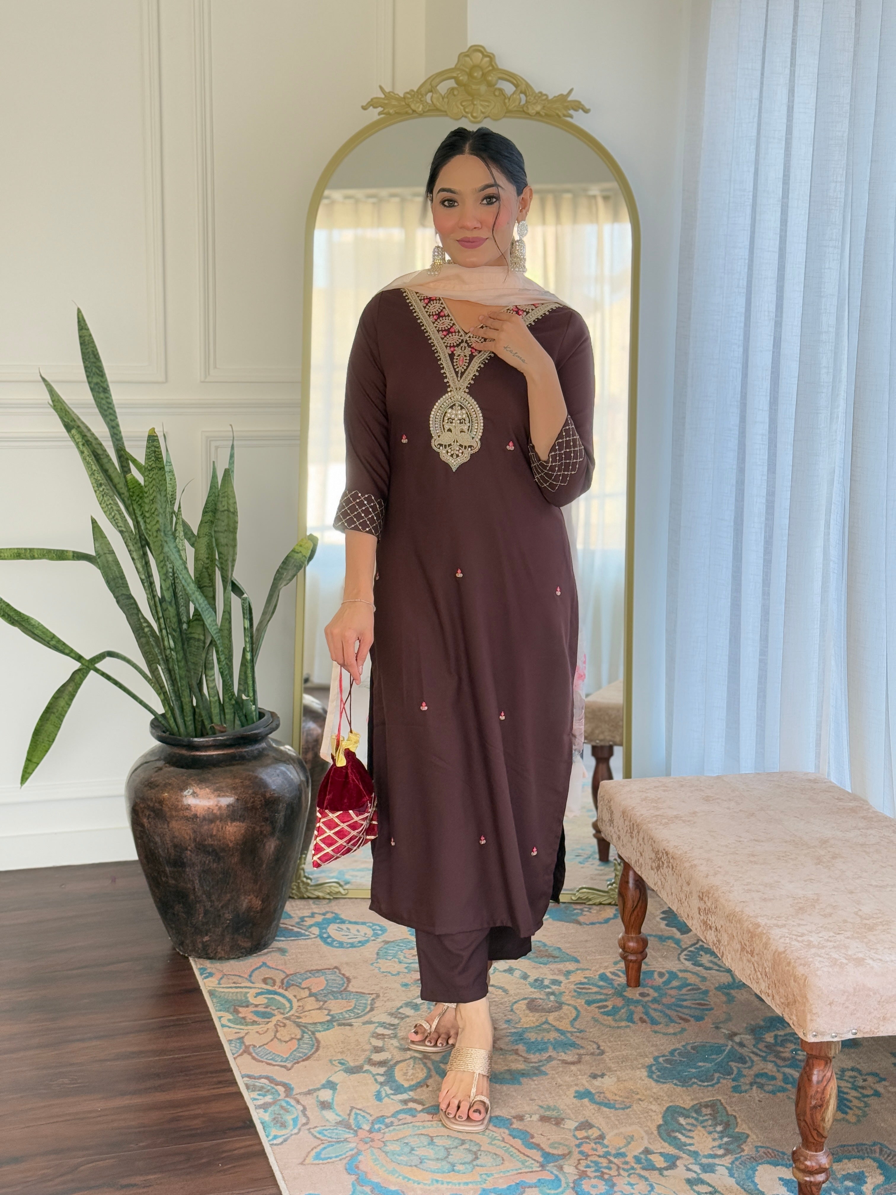 Coffee Rayon Slub Elegant Kurta Pant Set With Embroidery Work