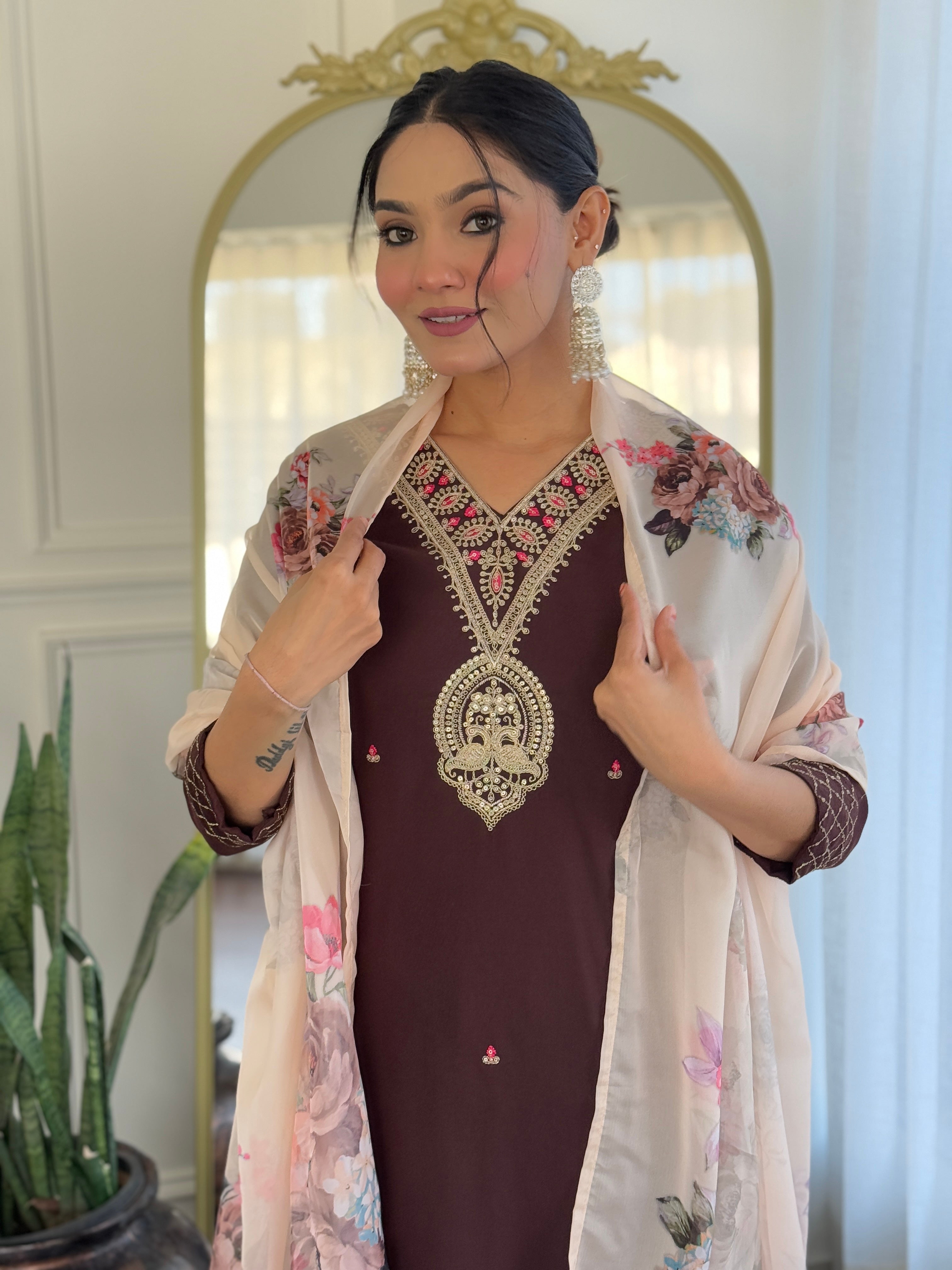 Coffee Rayon Slub Elegant Kurta Pant Set With Embroidery Work