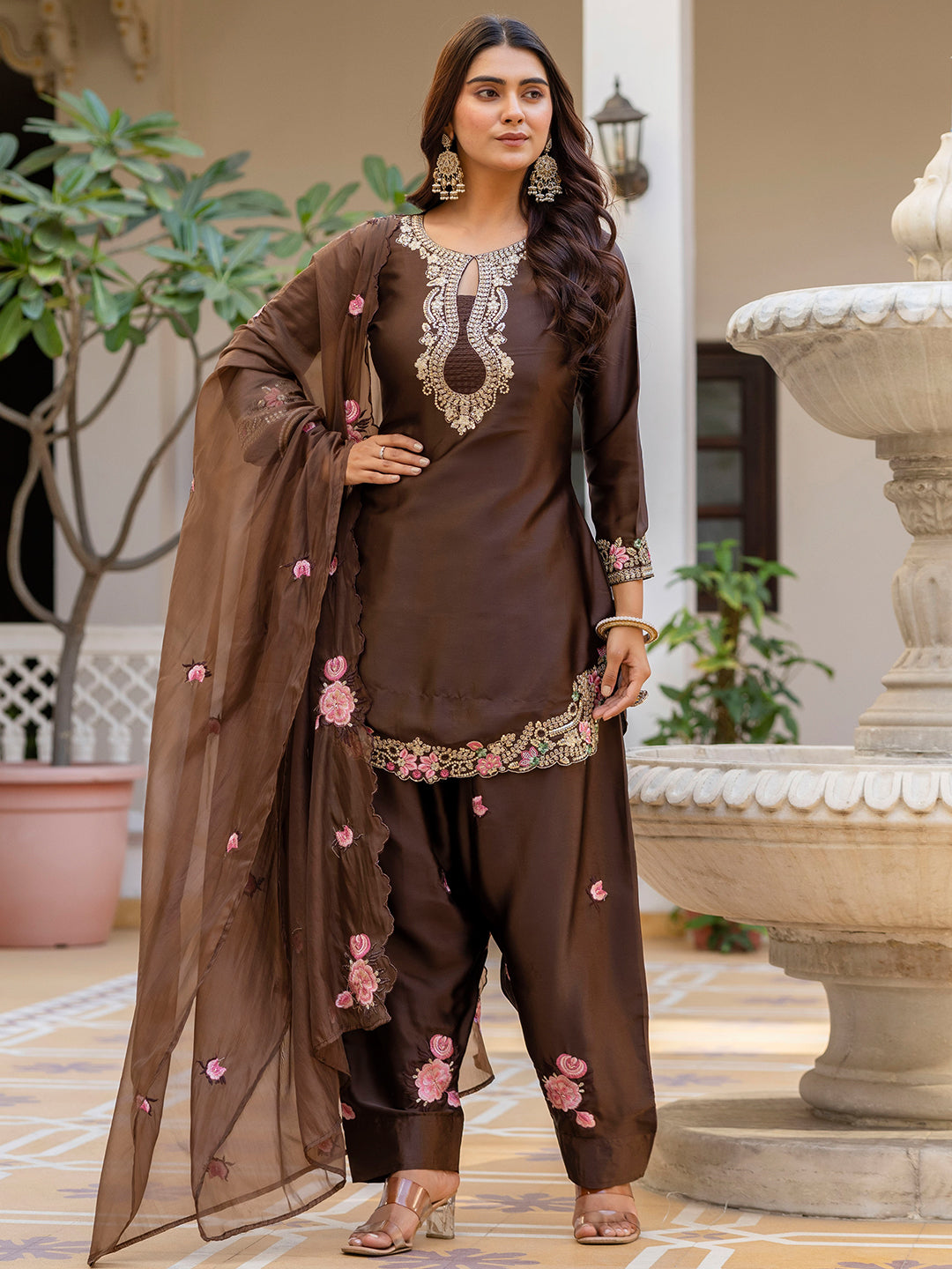 Coffee Satin Kurta Patiala Pant Set With Heavy Thread Embroidery Sequins Work