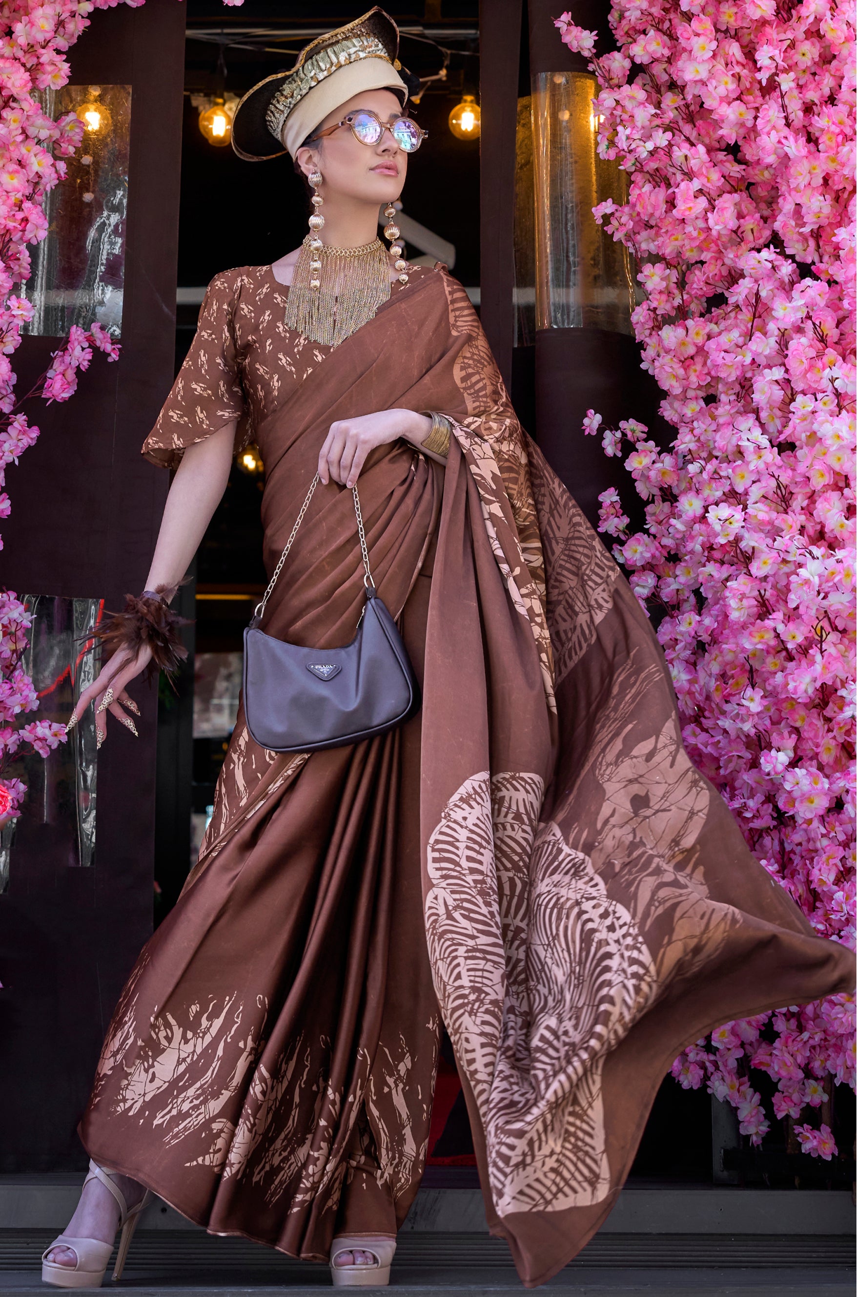 Coffee Satin Saree With Digital Print