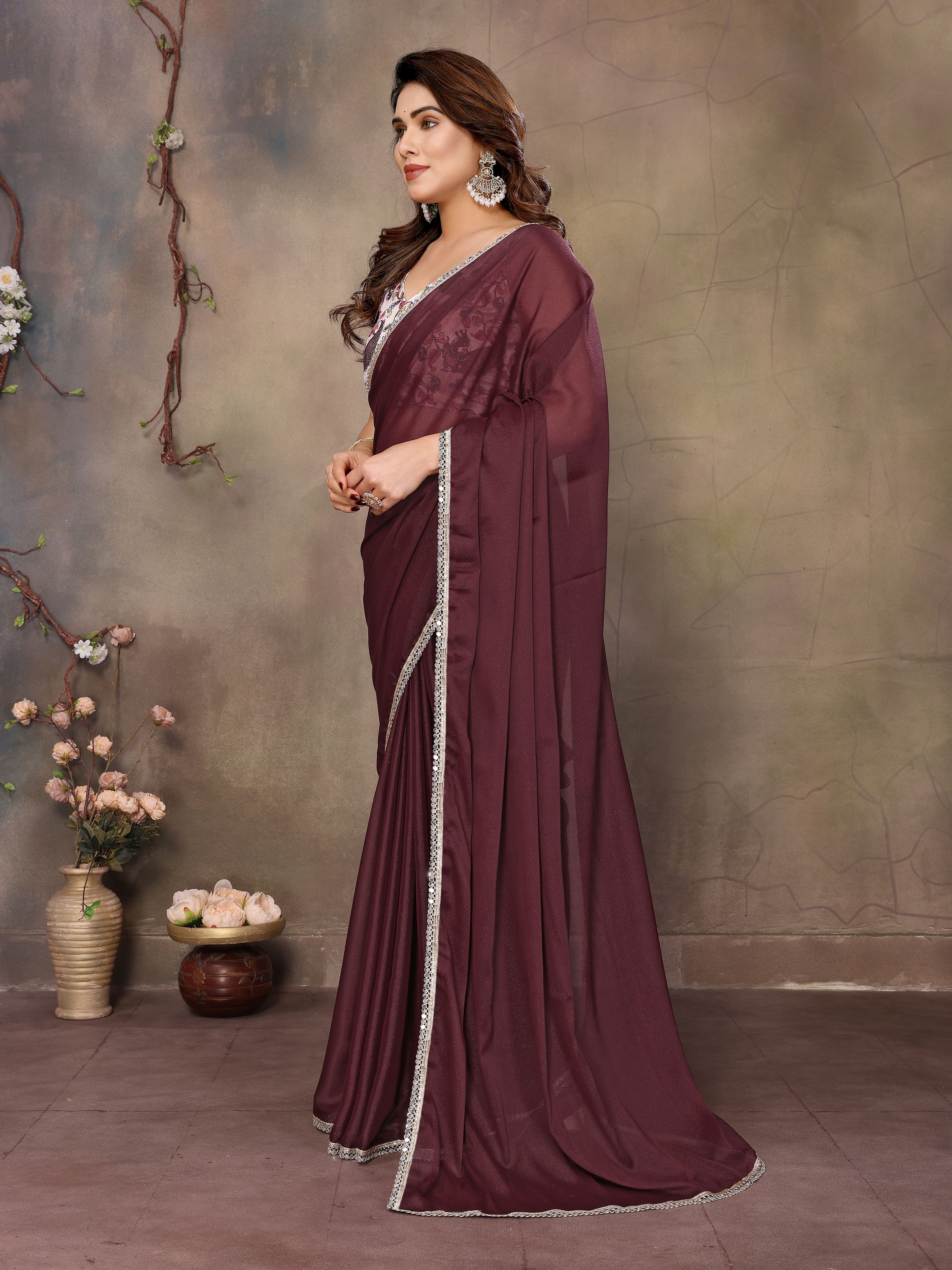Coffee Solid Fancy Ethnic Saree For Ceremonial Girlie Looks
