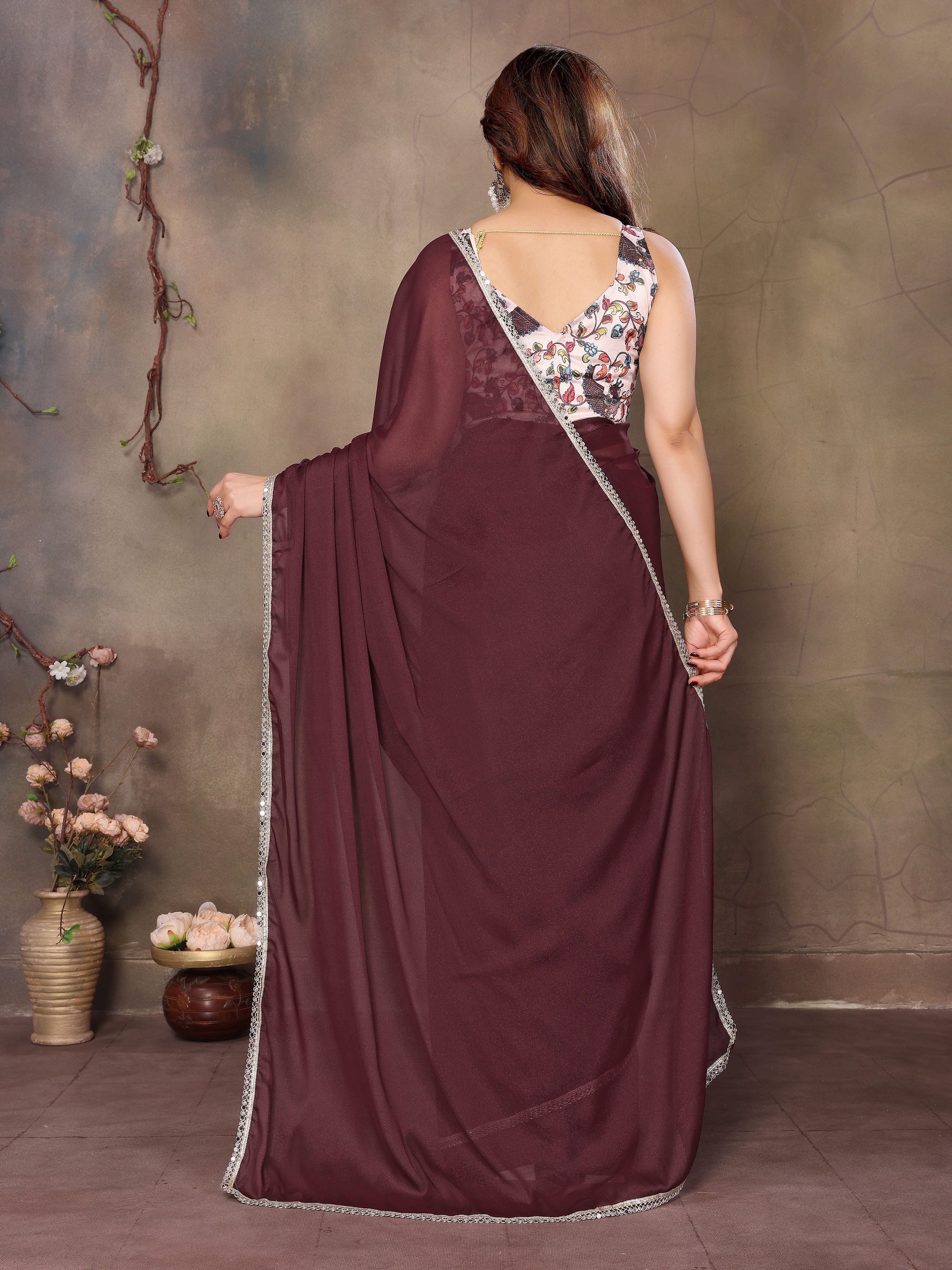 Coffee Solid Fancy Ethnic Saree For Ceremonial Girlie Looks