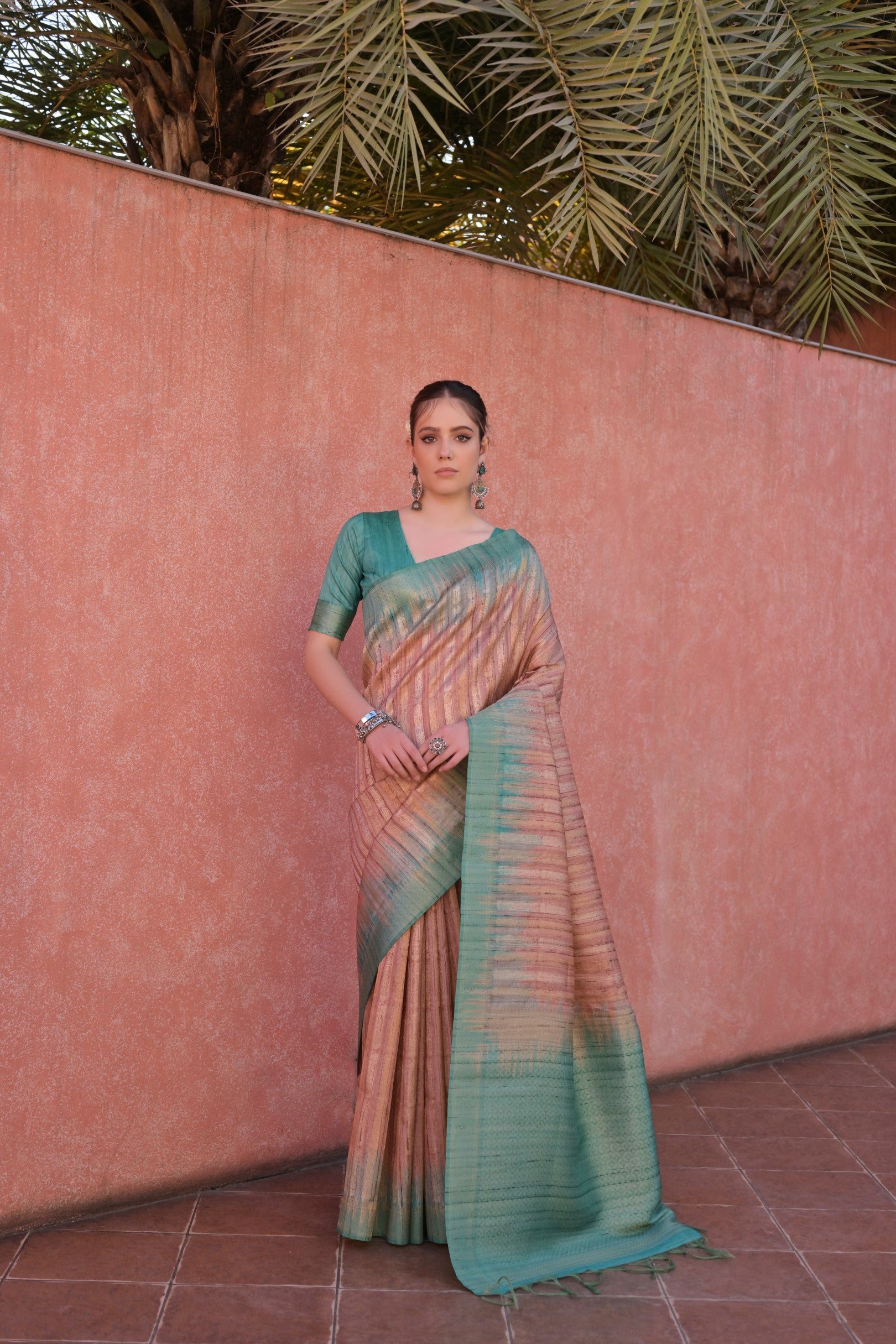 Coffee Tussar Silk Saree with Ethnic Motifs and Contrast Pallu