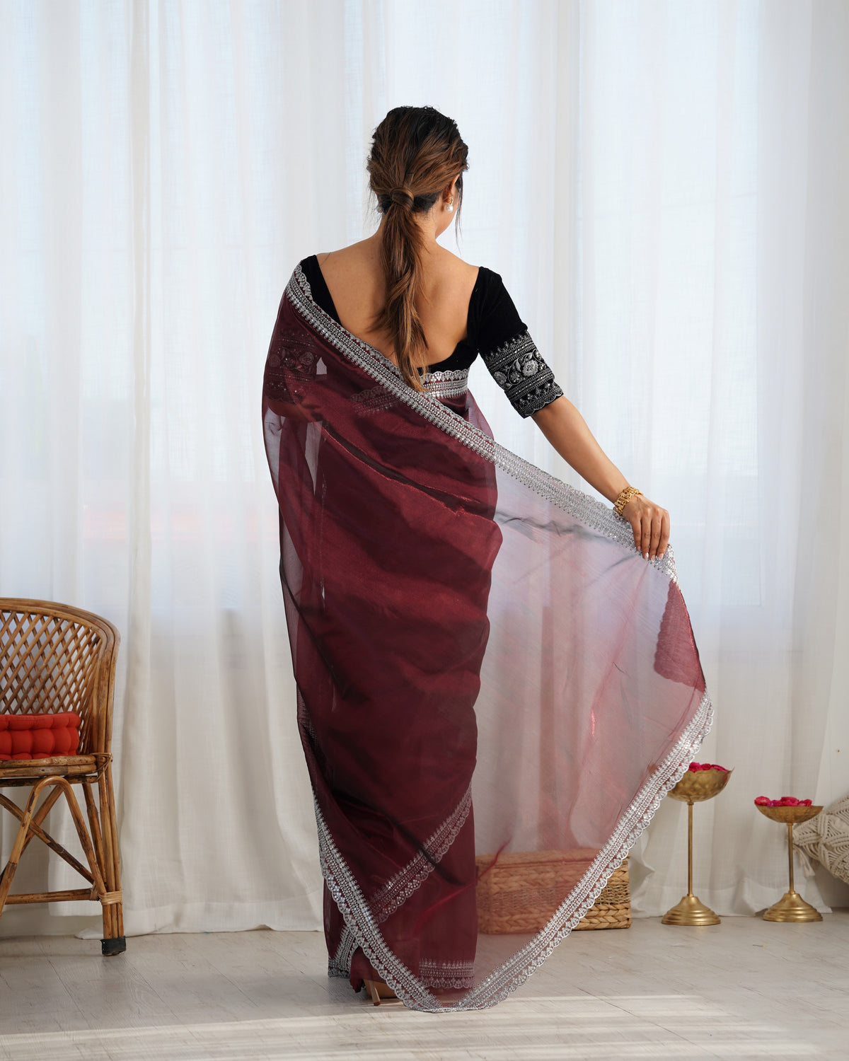 Coffee Twill Net Glamorous Bollywood Style Sequins Work Saree