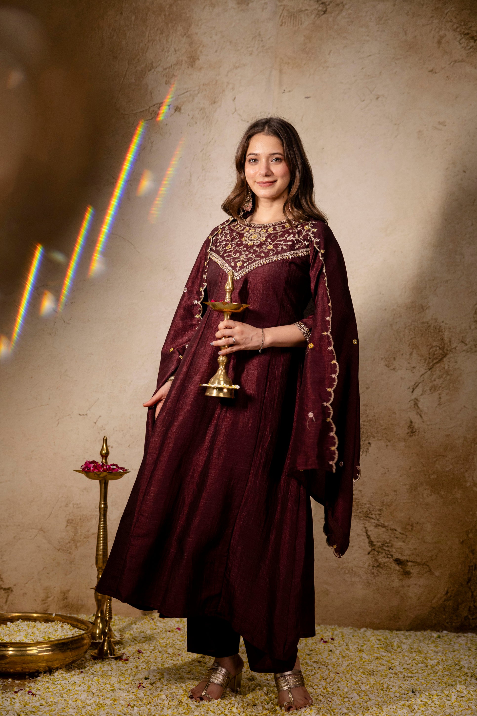 Coffee Vichitra Silk Kurta Pant Set With Heavy Thread Embroidery Work