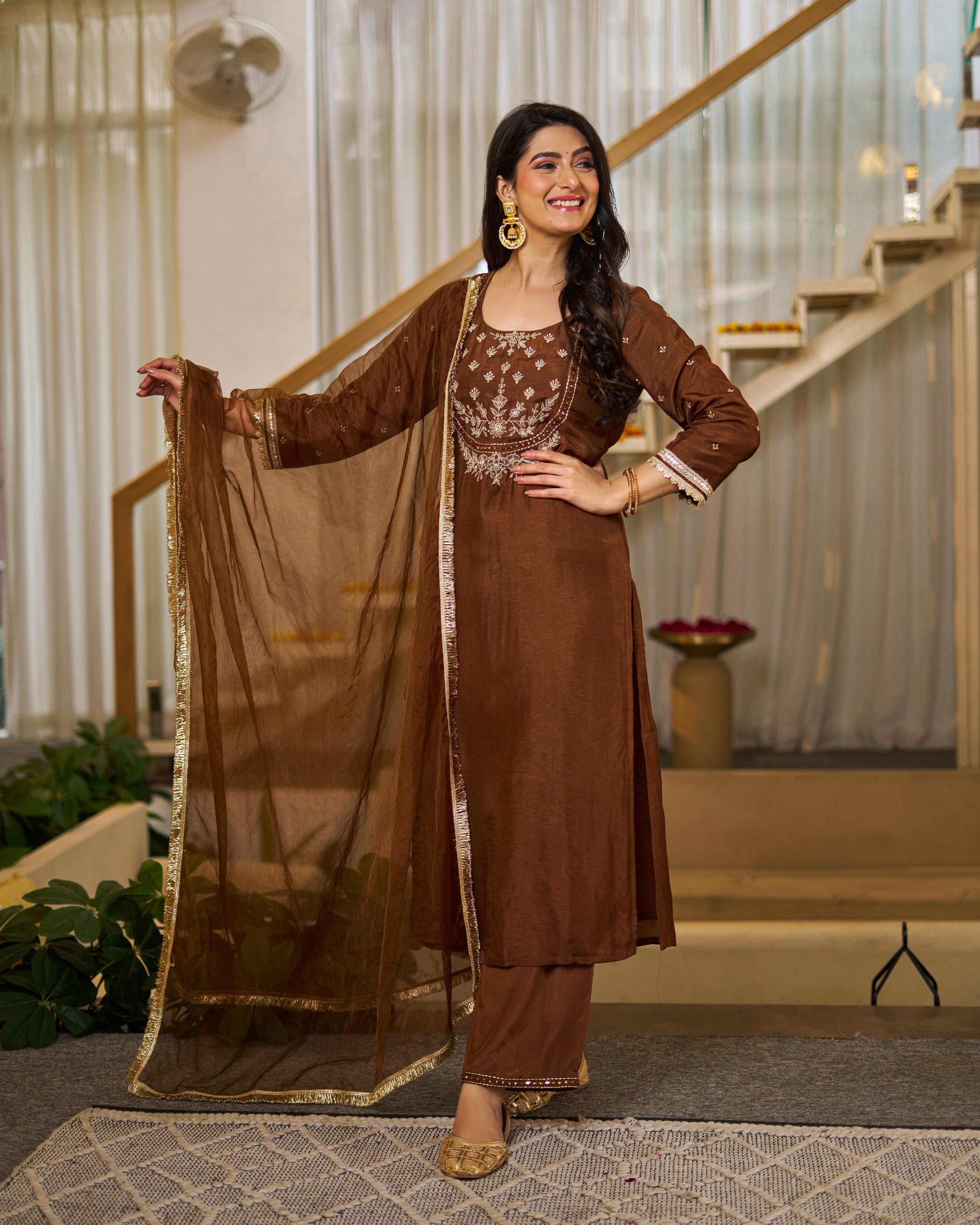 Coffee Vichitra Silk Kurta Pant Set With Heavy Thread Embroidery Work
