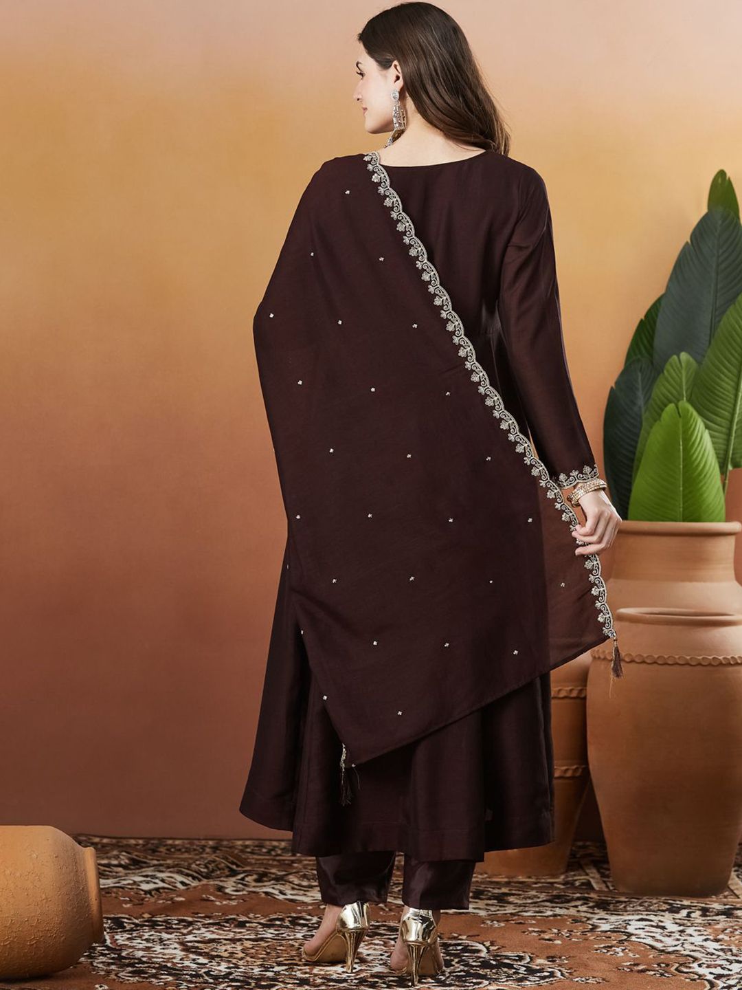 Coffee Vichitra Silk Kurta Pant Set With Heavy Thread Embroidery Work