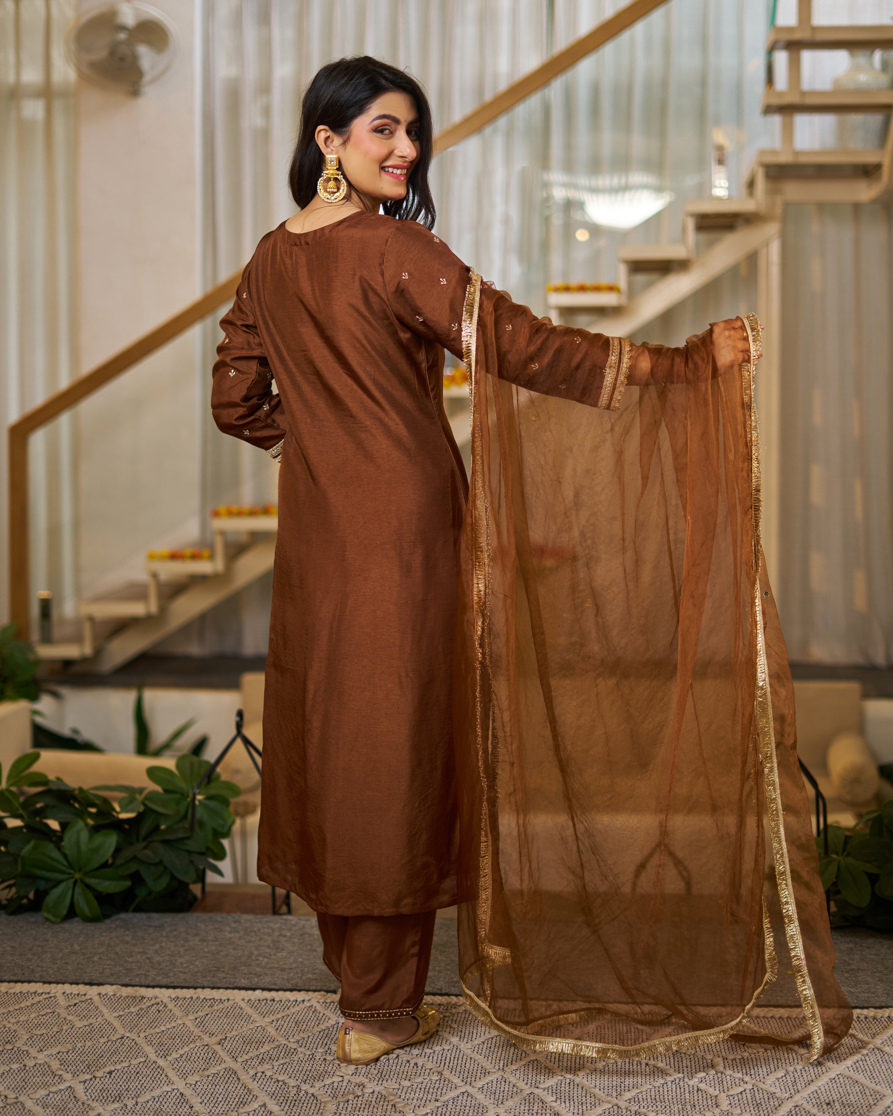 Coffee Vichitra Silk Kurta Pant Set With Heavy Thread Embroidery Work
