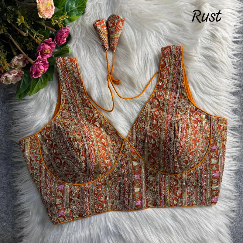 Copper Royal Couture Heavy Neck Position Work Blouse Pure Crepe Embroidered & Sequined Partywear
