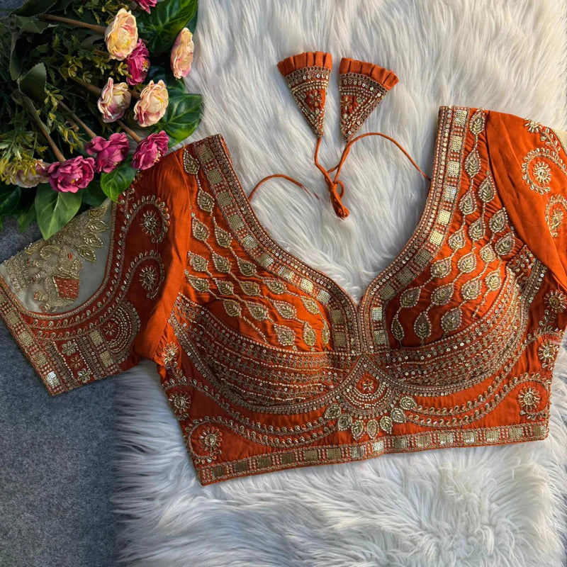 Copper Royal Elephant Patch Work Bridal Blouse Roman Silk Heavy Beads & Sequins Designer Wear